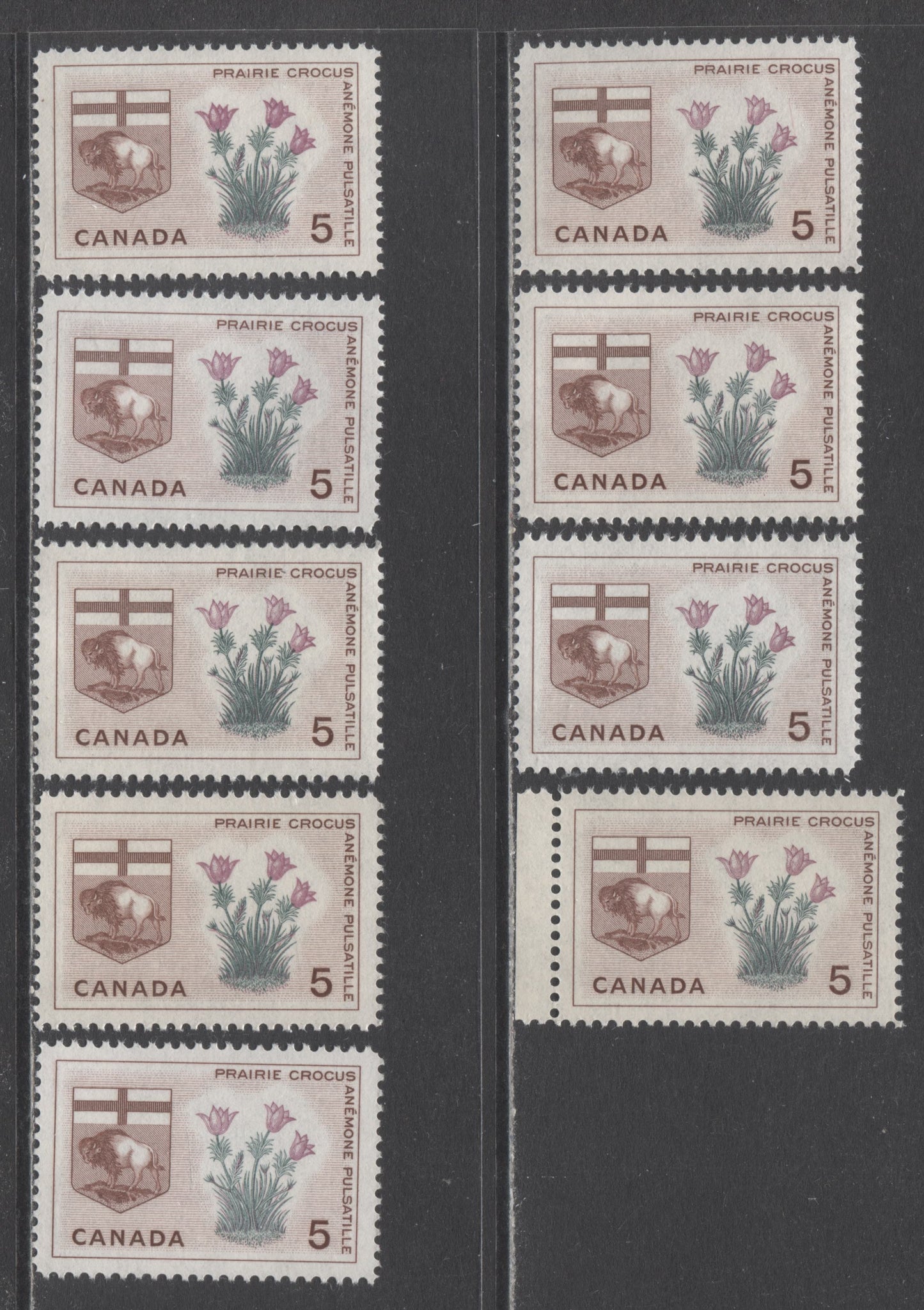 Canada #422-i 5c Red Brown, Lilac & Dull Green Manitoba, 1964 Floral Emblems & Coat Of Arms, 9 VFNH Singles On DF Papers With Different Kinds Of Fluorescent Papers & Perfs