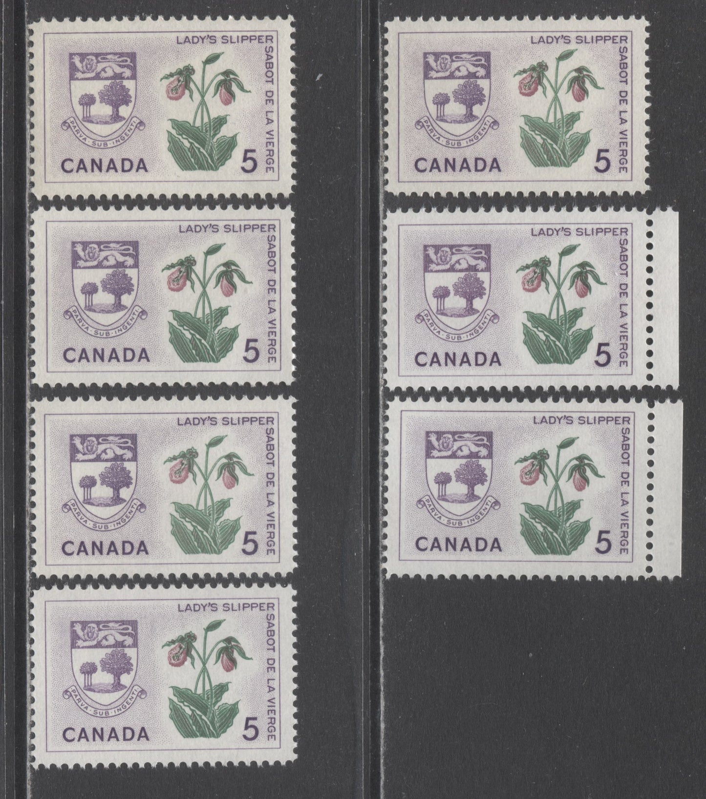 Canada #424-i 5c Violet, Green & Deep Rose PEI, 1964 Floral Emblems & Coat Of Arms, 7 VFNH Singles With Two Types OF DF Papers & Four Types Of Fluoresent Papers