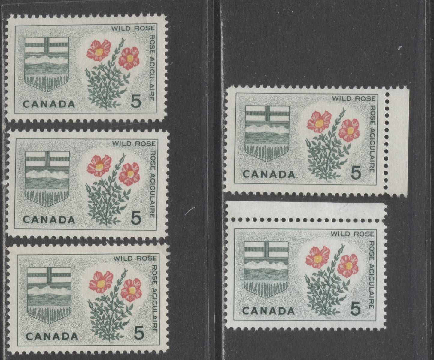Canada #426ivar 5c Dull Green, Yellow & Carmine Alberta, 1964 Floral Emblems & Coat Of Arms, 5 VFNH Singles With Loretta's Flower Variety On Four Different Fluorescent Papers, Perf 11.9 & 11.85 x 11.9