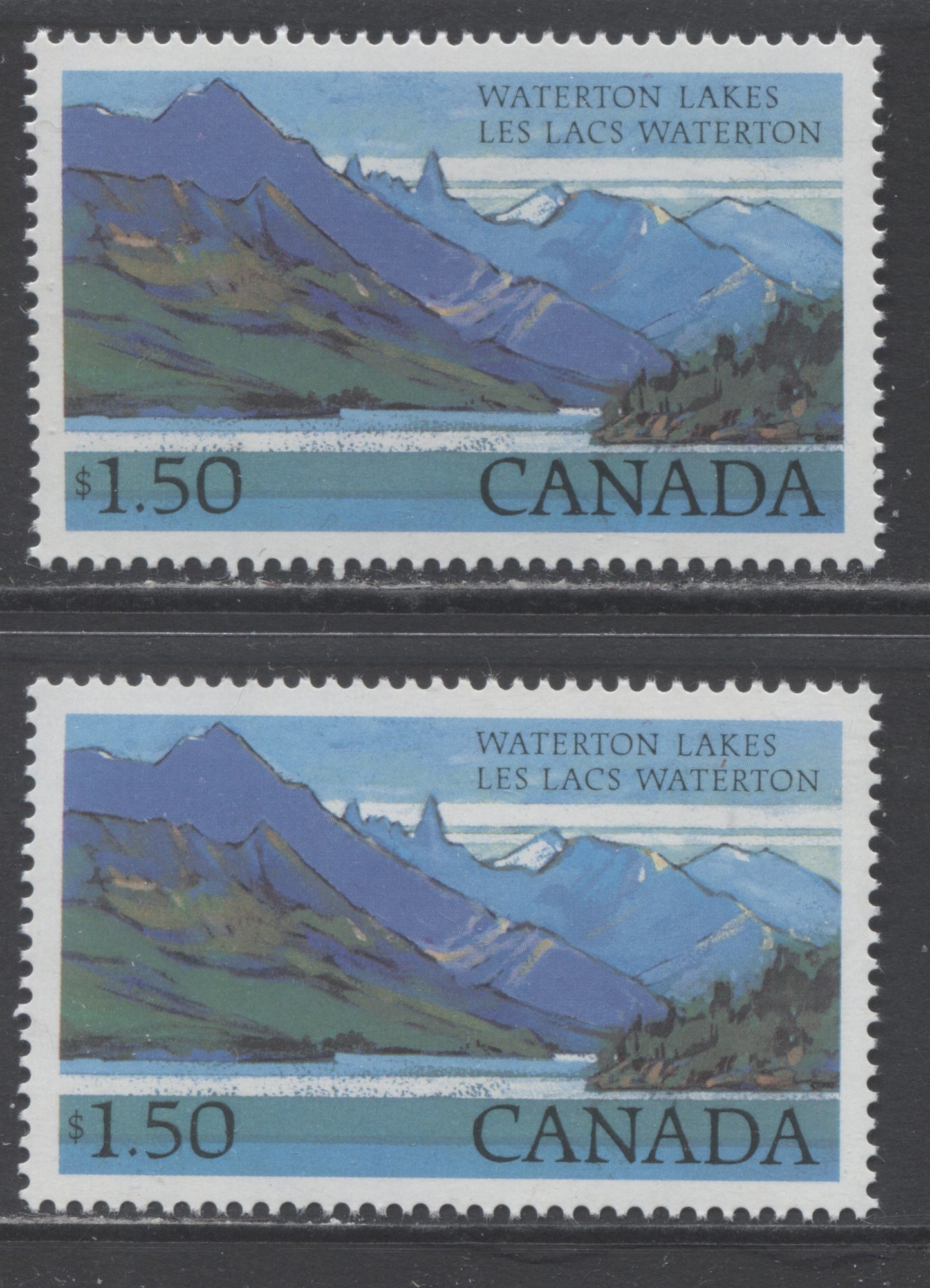 Canada #935-i $1.50 Multicolored Waterton Lakes, 1982-1987 National Park High Value Definitives, 2 GEM Singles With & Without Beacon In Mountain, DF/DF Paper