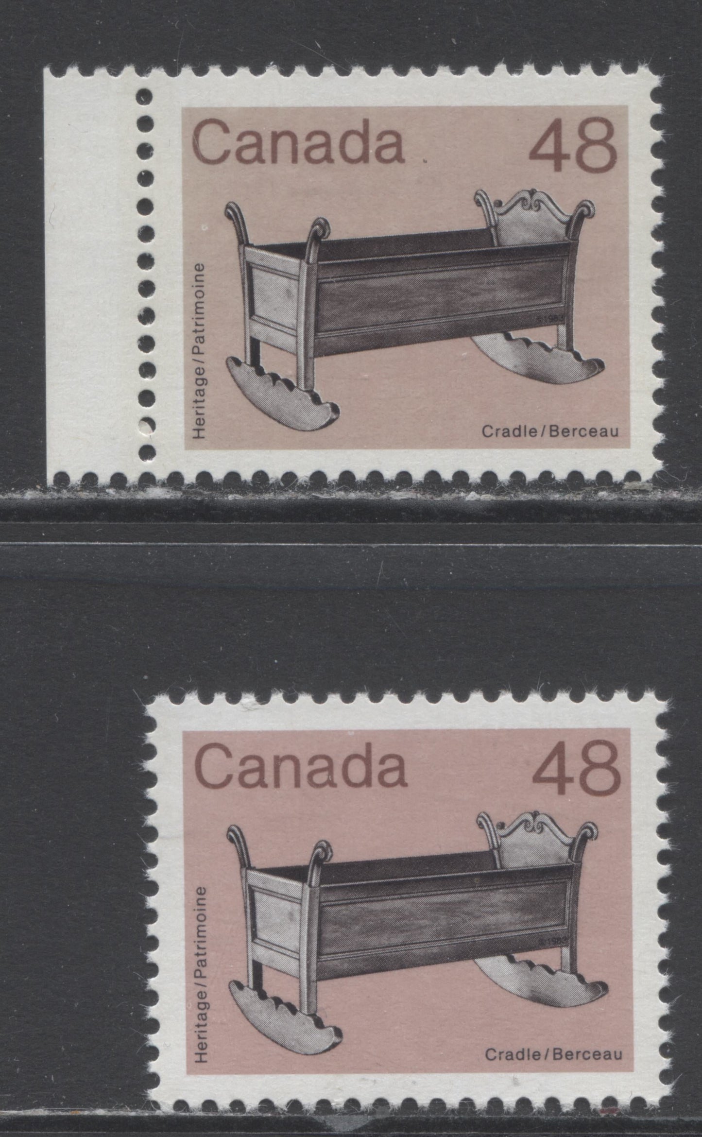Lot 37 Canada #929i 48c Pink & Multicolored Cradle, 1982-1987 Medium-Value Artifacts Definitives, 2 VFNH Singles With Brown Background & Normal