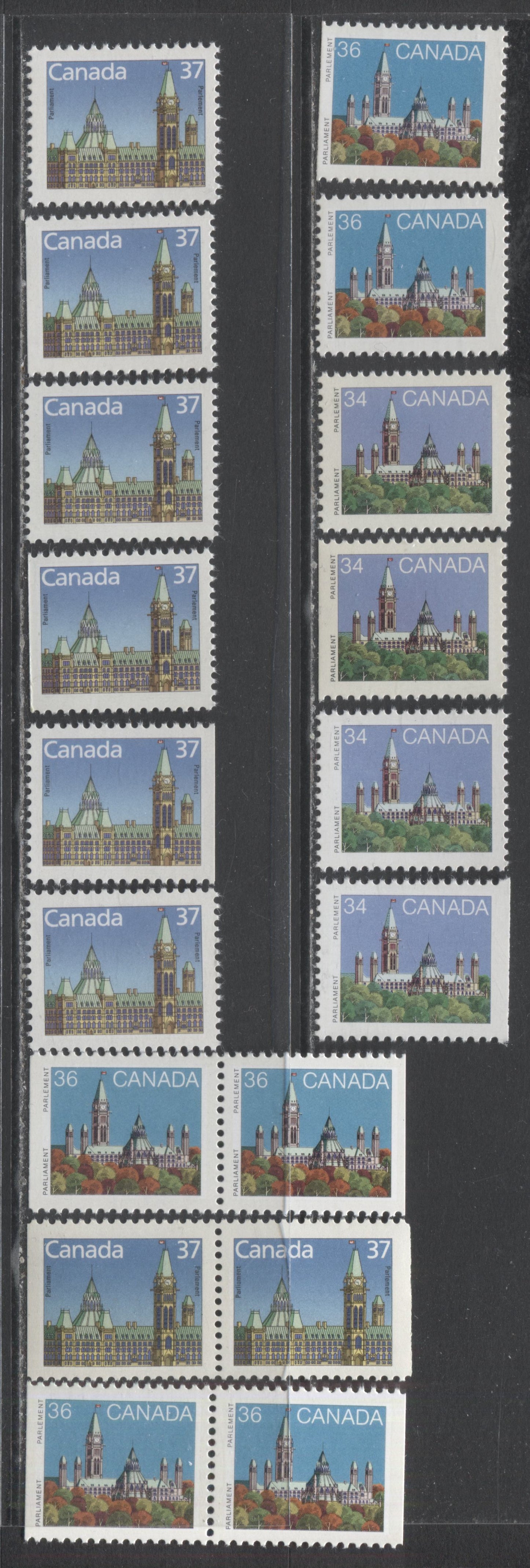 Lot 45 Canada #925as, 925asi, 925b, 925cs, 926be, 926bdis, 1163cs, 1163bs, 1163bsi 34c, 36c, 37c Multicolored, 1985-1987 First Class Definitives, Domestic First Class Rate Issues, 12 VFNH Booklet Singles & 3 Pairs All Different Papers