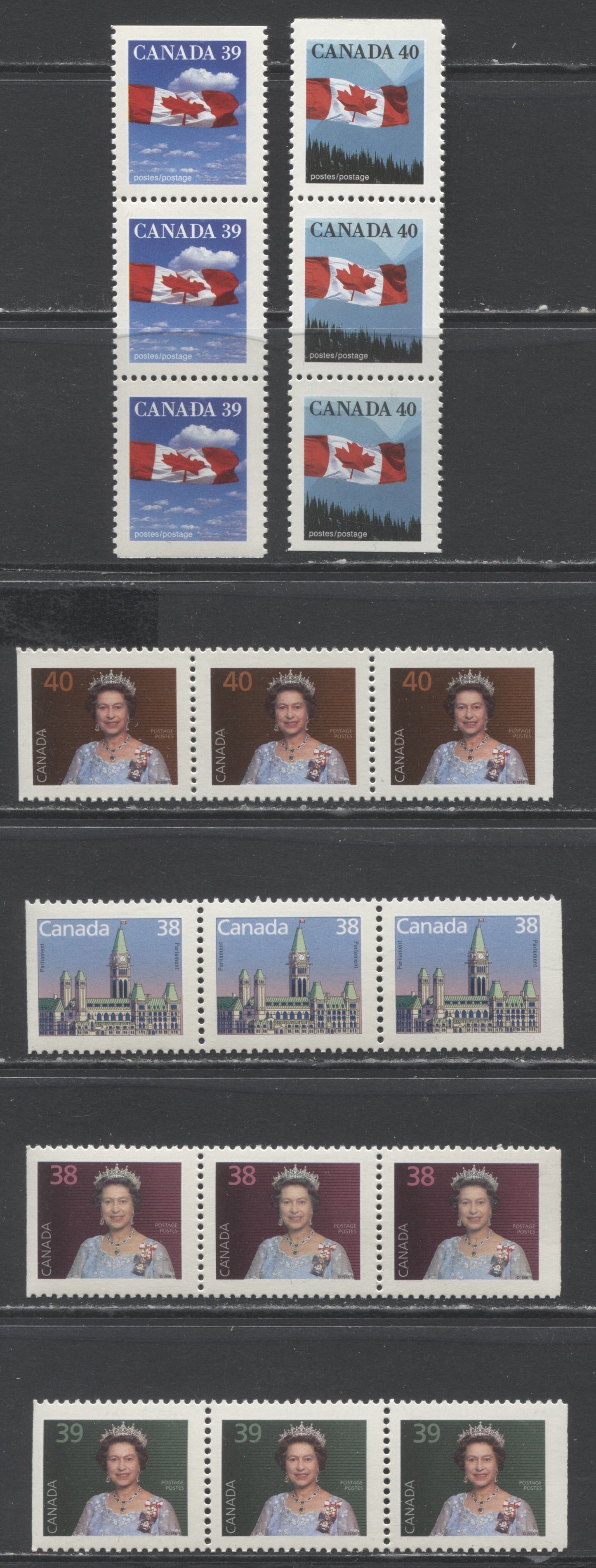 Lot 40 Canada #1164as, 1165as, 1166as-asi, 1167as-asi, 1168as-asi, 1169as 38c-40c Multicolored Flag Over Mountains & Queen Elizabeth II, 1988-1990 Domestic First Class Rate Issue, 6 VFNH Booklet Strips Of 3