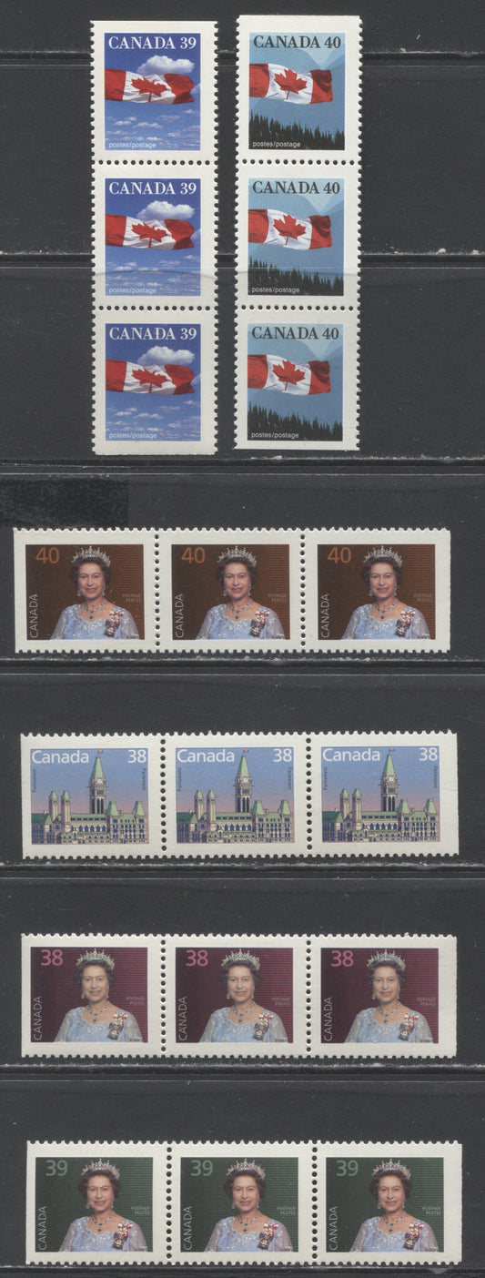 Canada #1164as, 1165as, 1166as-asi, 1167as-asi, 1168as-asi, 1169as 38c-40c Multicolored Flag Over Mountains & Queen Elizabeth II, 1988-1990 Domestic First Class Rate Issue, 6 VFNH Booklet Strips Of 3