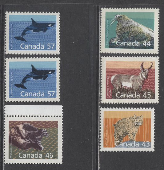 Canada #1170-1173i 43c-57c Multicolored Lynx-Killer Whale, 1988-1990 USA & Overweight Domestic Stamps, 6 VFNH Singles Except F paper for 57c, Includes 57c On Harrison Paper