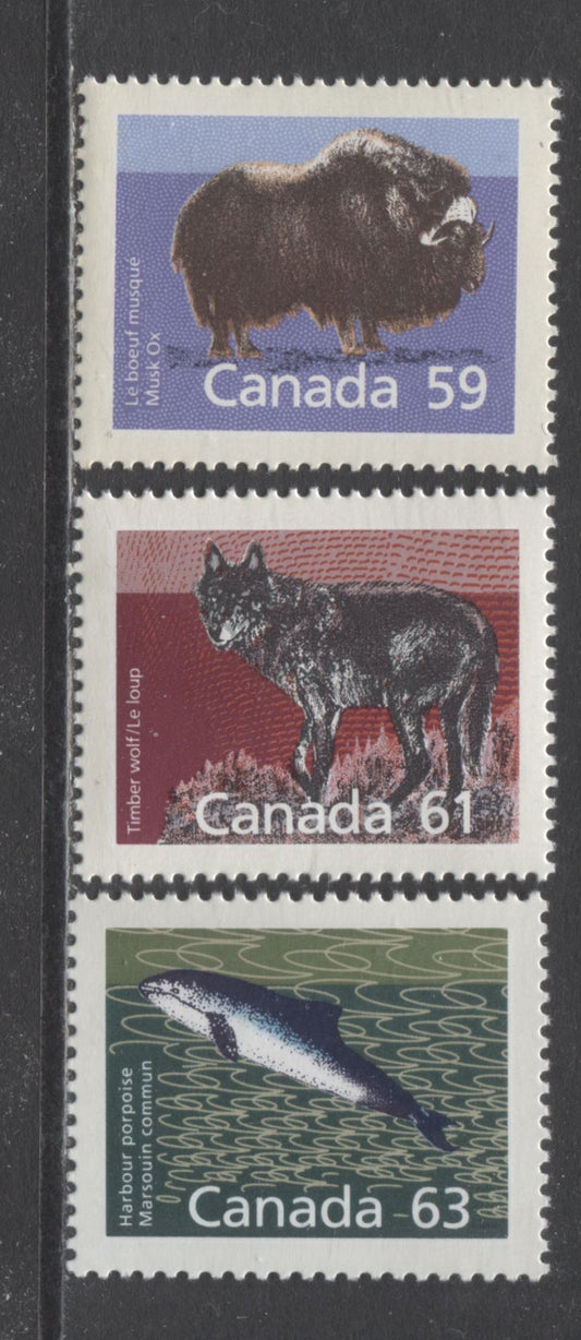 Canada #1174-1175, 1176a 59c-63c Multicolored Musk Ox - Harbour Porpoise, 1989 Overweight Domestic Issue, 3 VFNH Singles With Perf 14 x 13.1