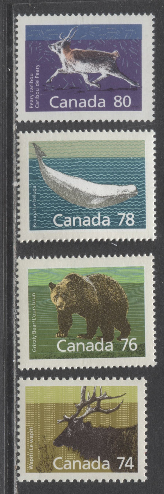 Canada #1177-1180 74c-80c Multicolored Wapiti-Peary Caribou, 1988-1990 International Rate Issue, 4 VFNH Singles