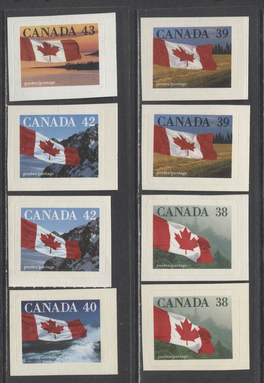 Canada #1191-1193, 1388-1389 38c-40c, 42c-43c Multicolored Flags, 1989-1993 Quick Stick Issues, 8 VFNH Singles Plus Unlisted Horizontal Ribbed Papers & Shades On 42c