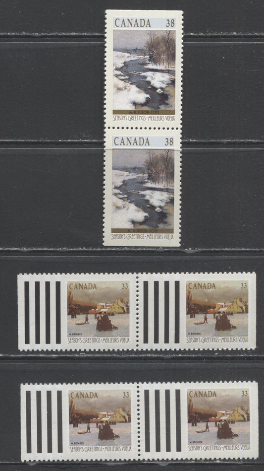 Canada #1256b, 1259 33c & 38c Multicolored Bend In Gosselin River/Champ-de-Mars, 1989 Christmas Issue, 3 VFNH Booklet Pairs Includes Two Distinct Sky Shades Of 33c