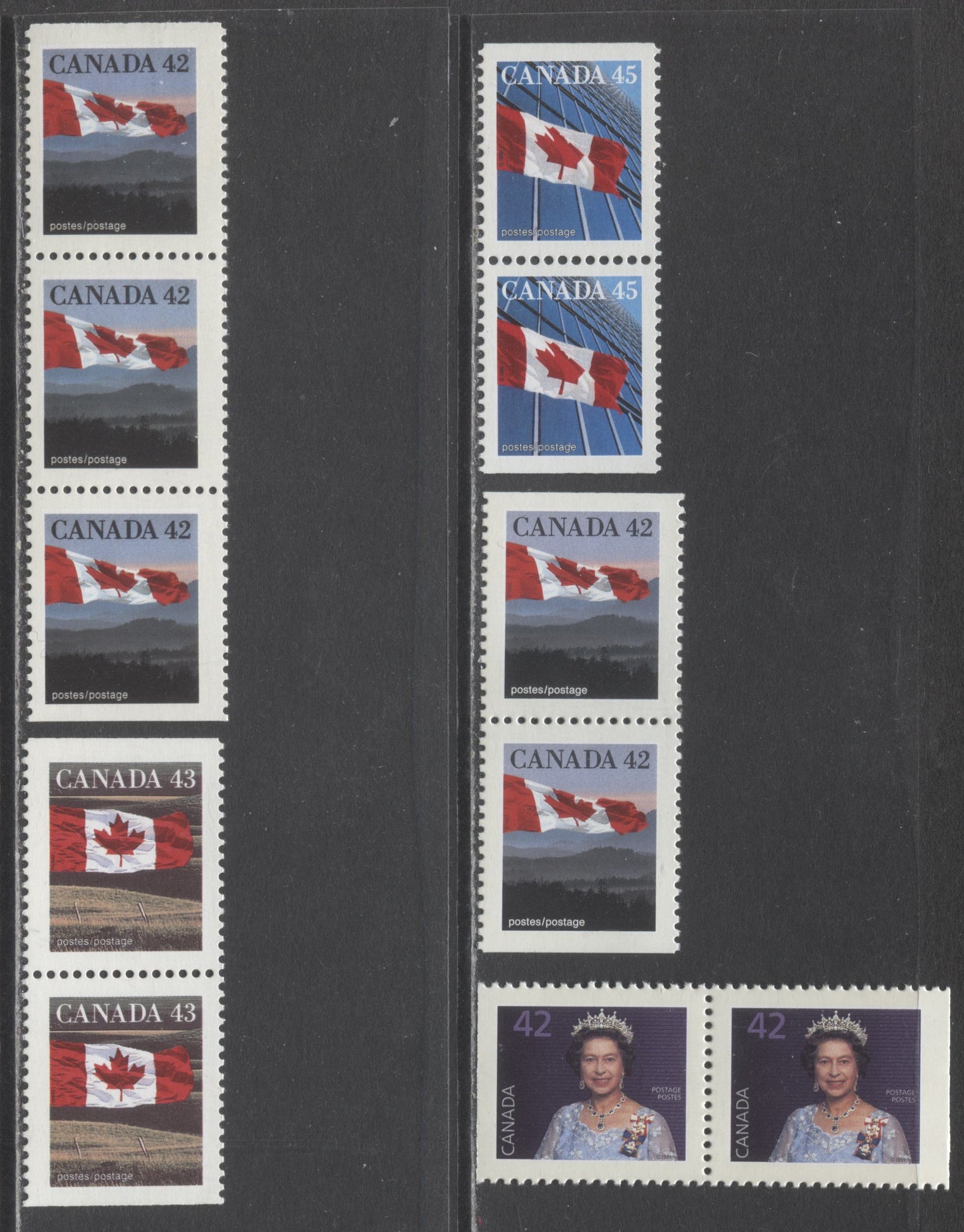 Lot 41 Canada #1356as, 1359xis, 1357as, 1362bs 42c-43c Multicolored Flag & Queen Elizabeth II, 1991 Fruit/Flag Issues, 5 FNH/VFNH Booklet Pairs & Strips Of 3