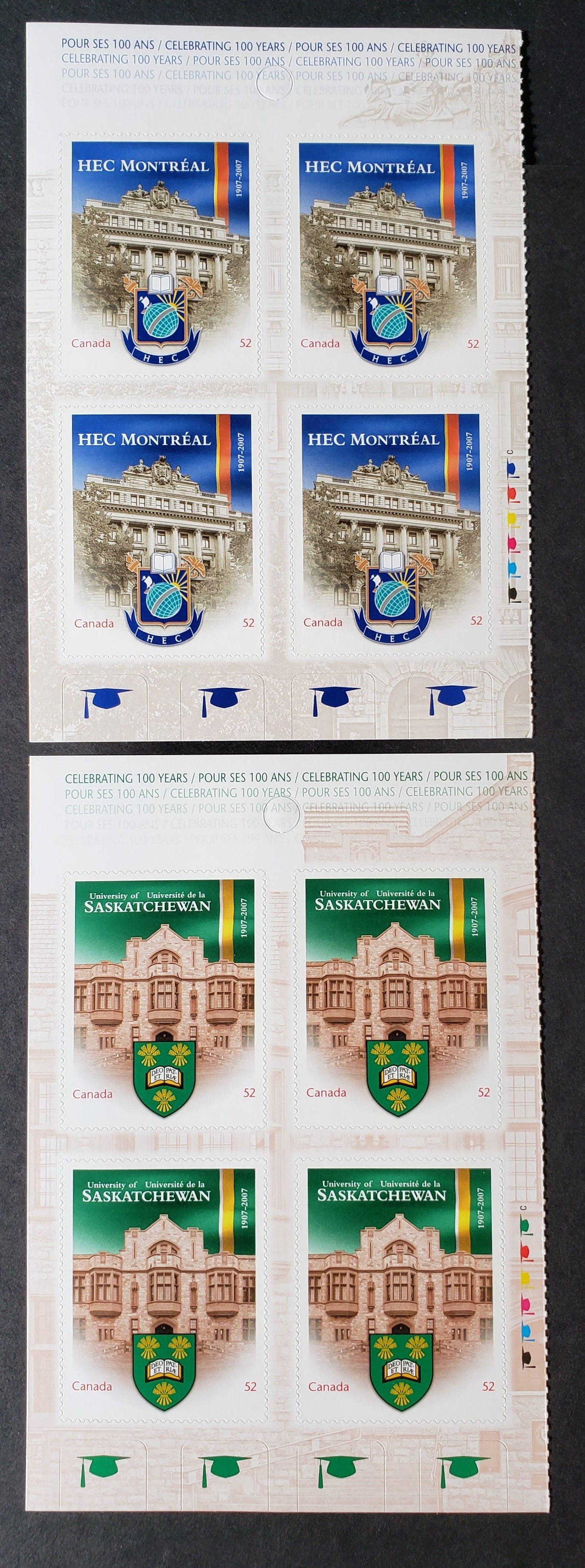 Lot 42 Canada #2209-2210 52c Multicolored HEC Montreal-University Of Saskatchewan, 2007 Higher Learning, 2 VFNH Booklet Panes Of 4