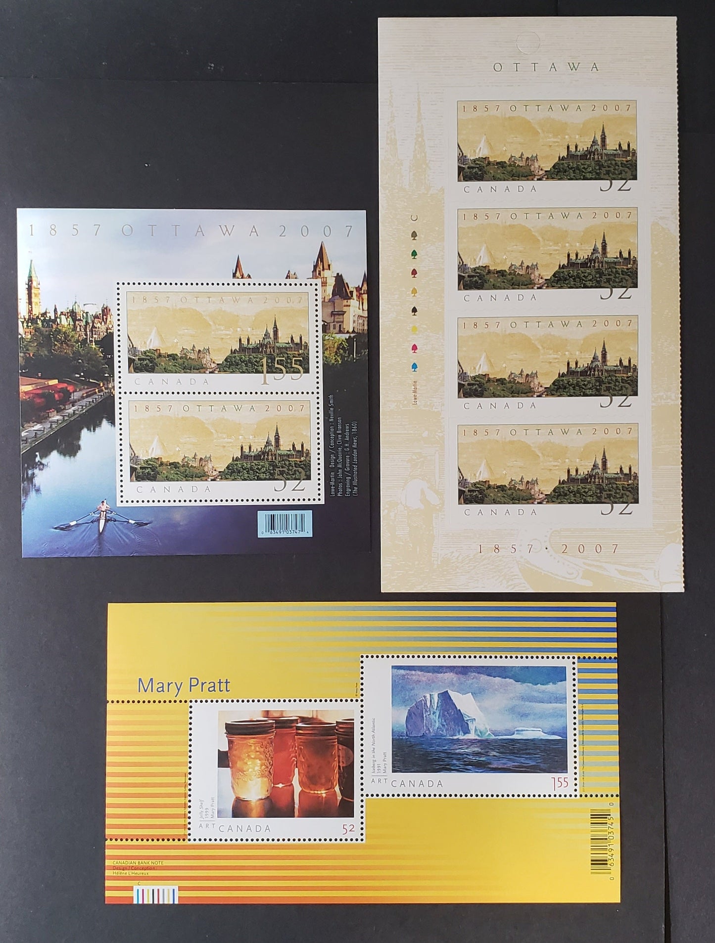 Lot 133 Canada #2212-2214a 52c-$1.55 Multicolored Iceberg & Ottawa, 2007 Mary Pratt Sheet & Ottawa Sequicentennial Issue, 3 VFNH Souvenir Sheets Of 2 & 4