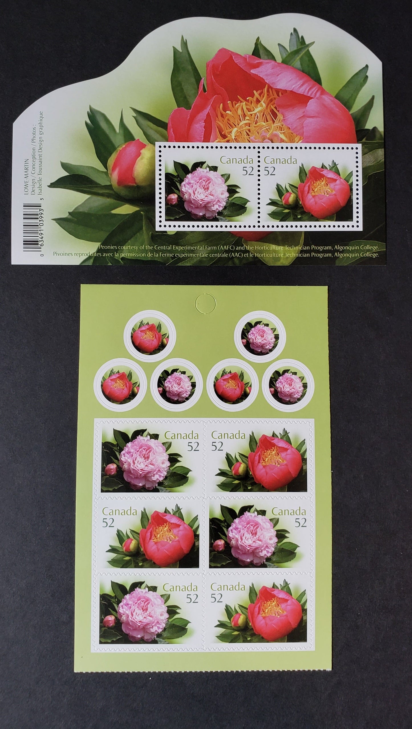 Canada #2260, 2262b 52c Multicolored Peonies, 2008 Peonies Issue, 2 VFNH Booklet Pane & Souvenir Sheet Of 2 & 6