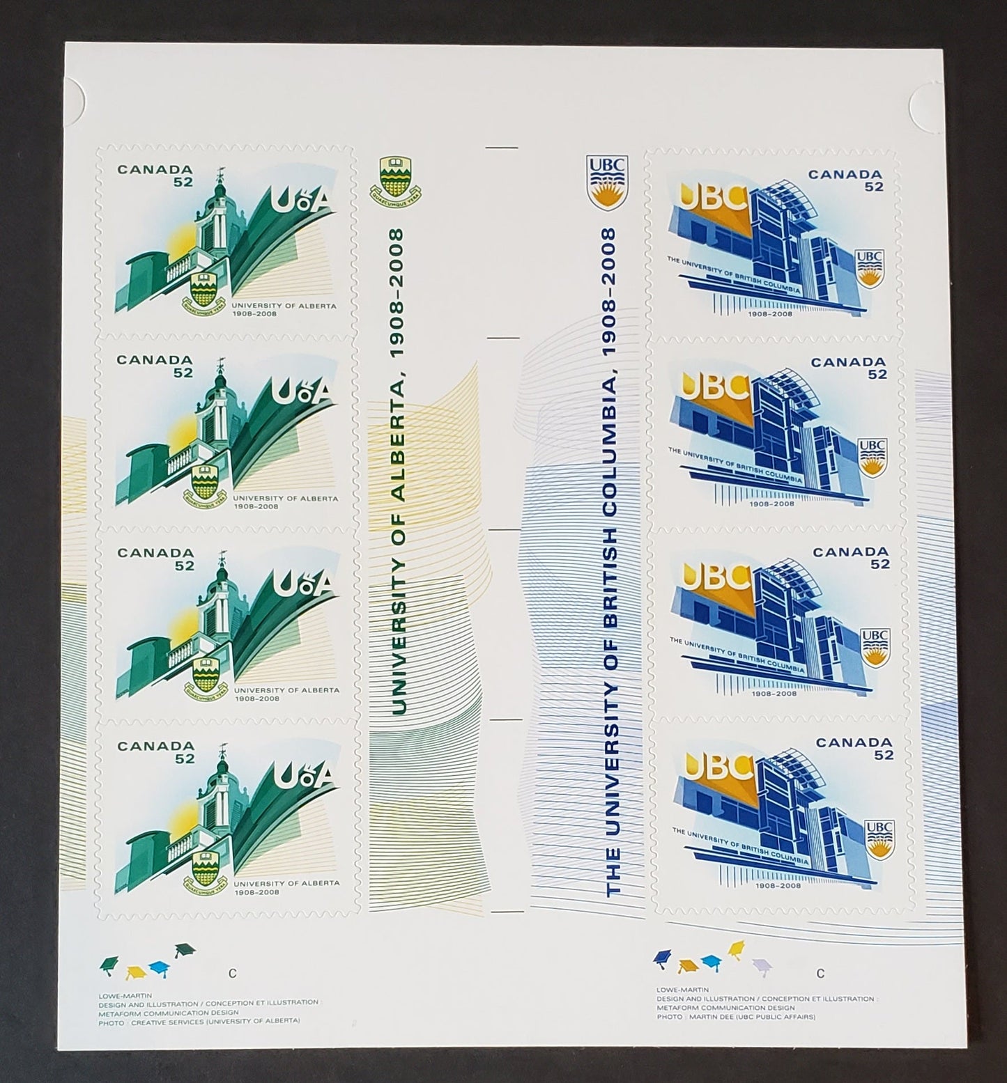 Lot 137 Canada #2264b 52c Multicolored University Of Alberta & British Colombia, 2008 University Issue, A VFNH Gutter Pane Of 8