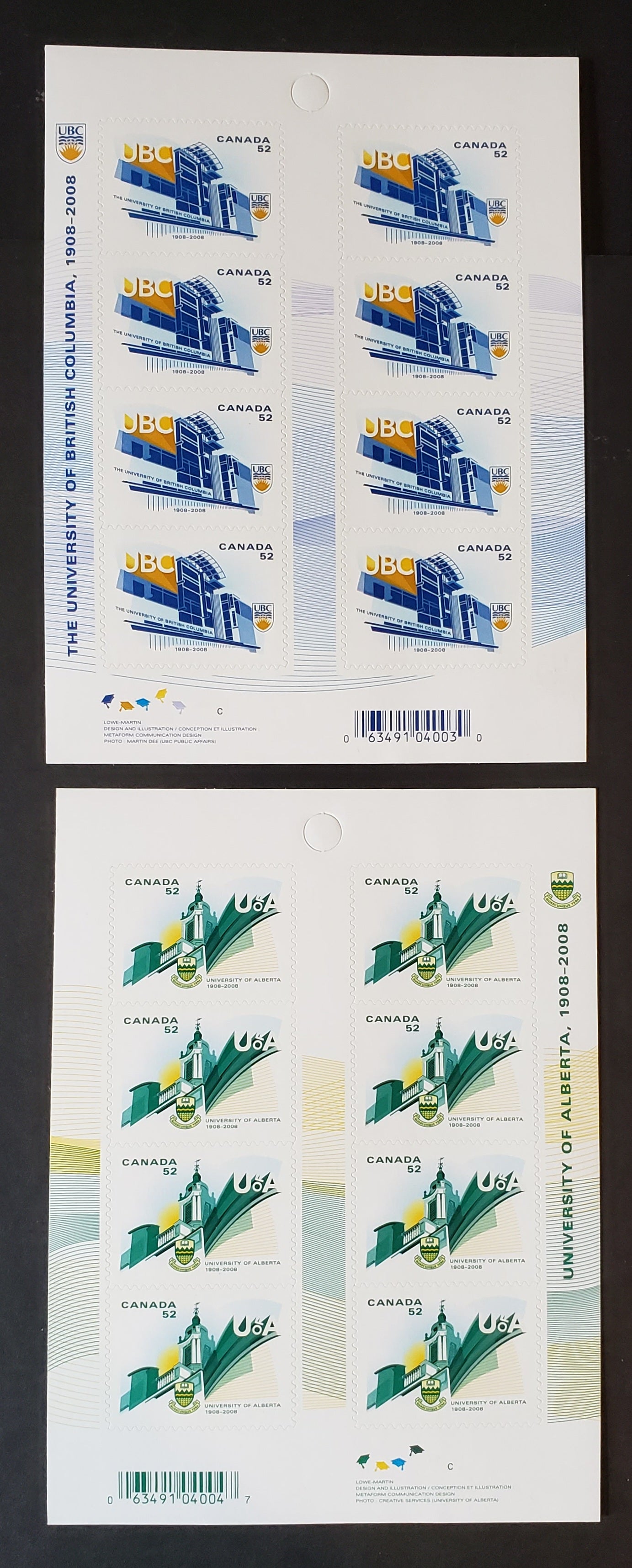 Canada #2263a, 2264a 52c Multicolored University Of Alberta & British Colombia, 2008 University Issue, 2 VFNH Booklet Panes Of 8