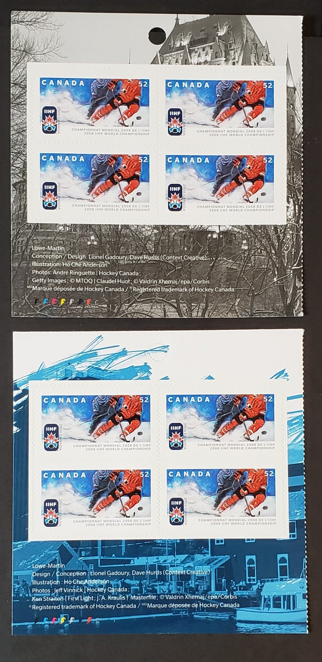 Canada #2265a-ai 52c Multicolored Hockey Players, 2008 IIHF World Championship, 2 VFNH Booklet Panes Of 4 With Imprints