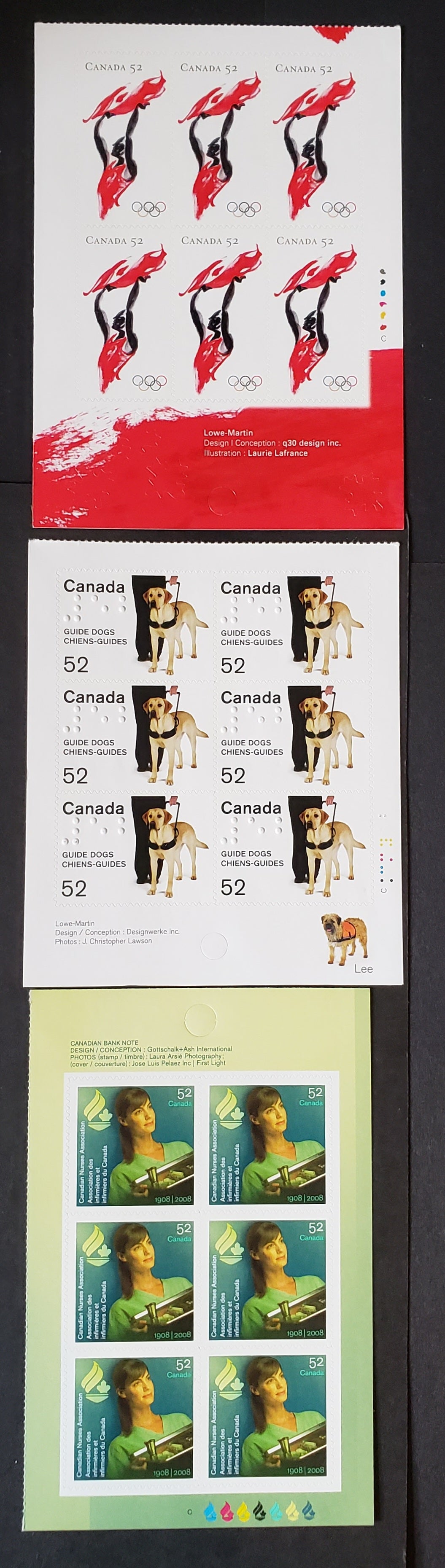 Canada #2266, 2275, 2281 52c Multicolored Guide Dogs, Nurses Association & Beijing Olympics, 2008 Guide Dogs, Nurses Association & Beijing Olympics, 3 VFNH Booklet Panes Of 6