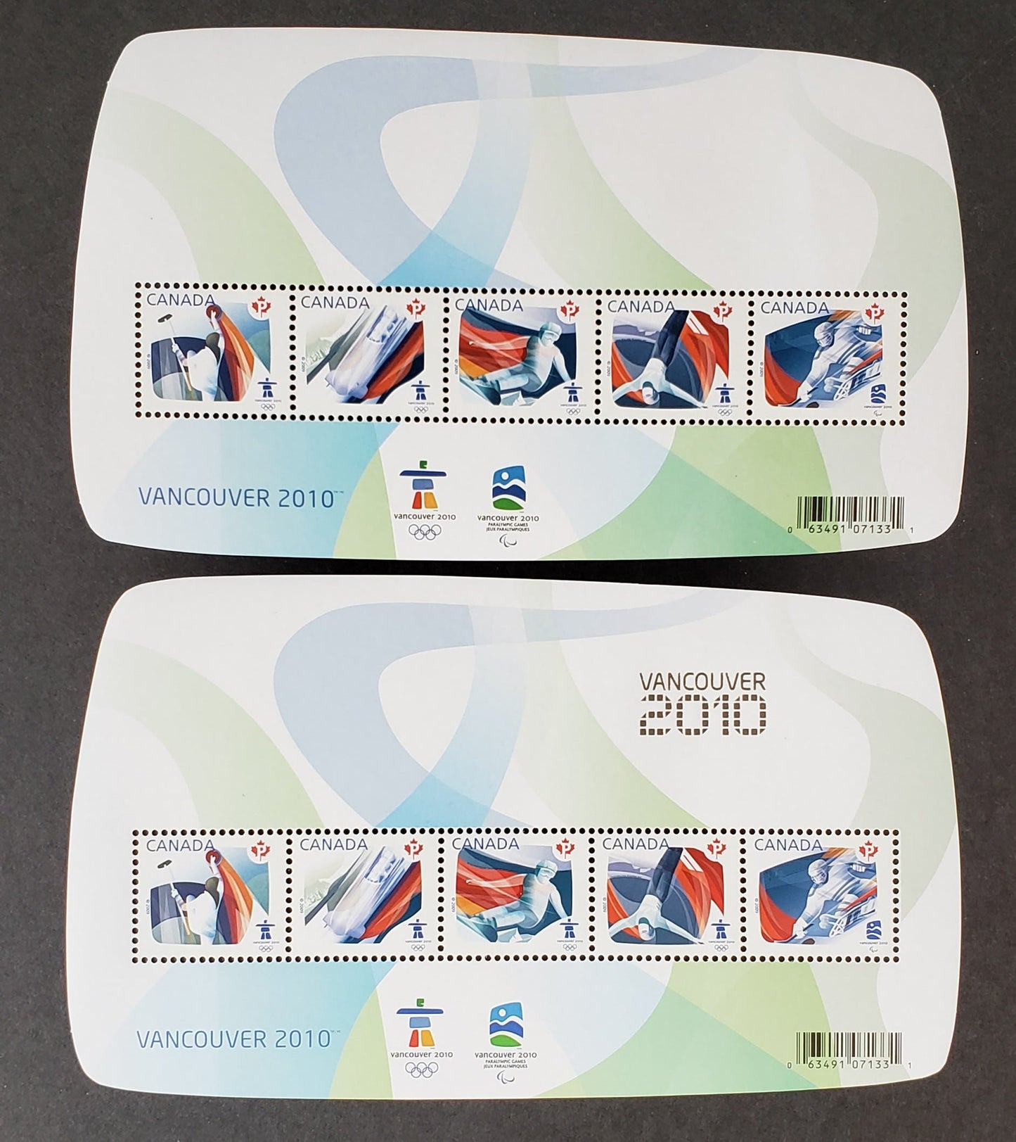 Lot 39 Canada #2299,f P(54c) Multicolored Curling-Ice Sled Hockey, 2009 Olympic Sporting Events, 2 VFNH Souvenir Sheets With Overprint & Underprint
