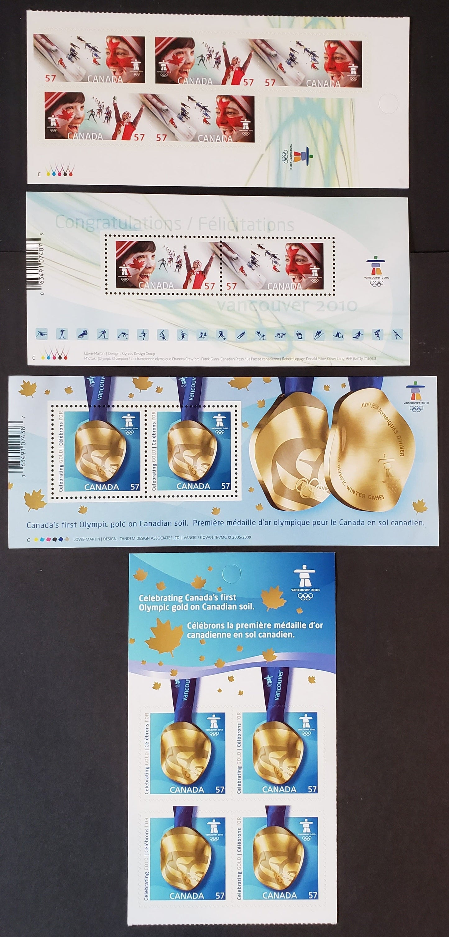 Canada #2371-2375 57c Multicolored Vancouver 2010 Medal-Four Man Bobsleigh, 2010 Canada Wins Gold & Celebrating The Olympic Spirit, 4 VFNH Souvenir Sheets & Booklet Panes