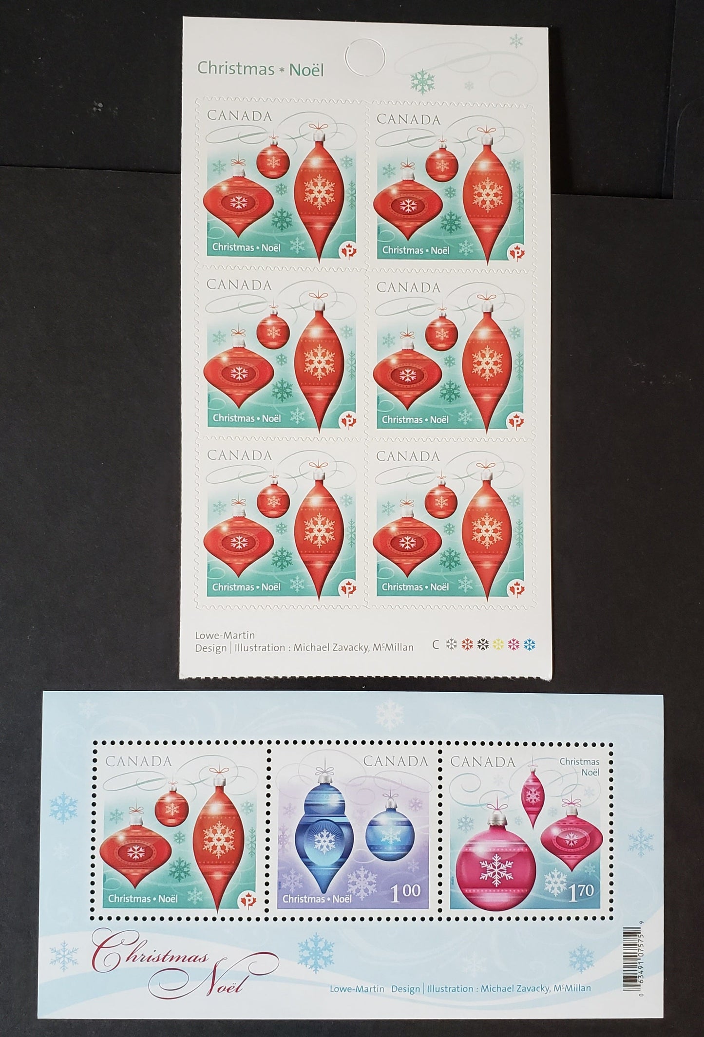 Lot 138 Canada #2411, 2413a P(57c)-$1.70 Multicolored Christmas Ornaments, 2010 Christmas Issue, 2 VFNH Booklet Pane & Souvenir Sheet