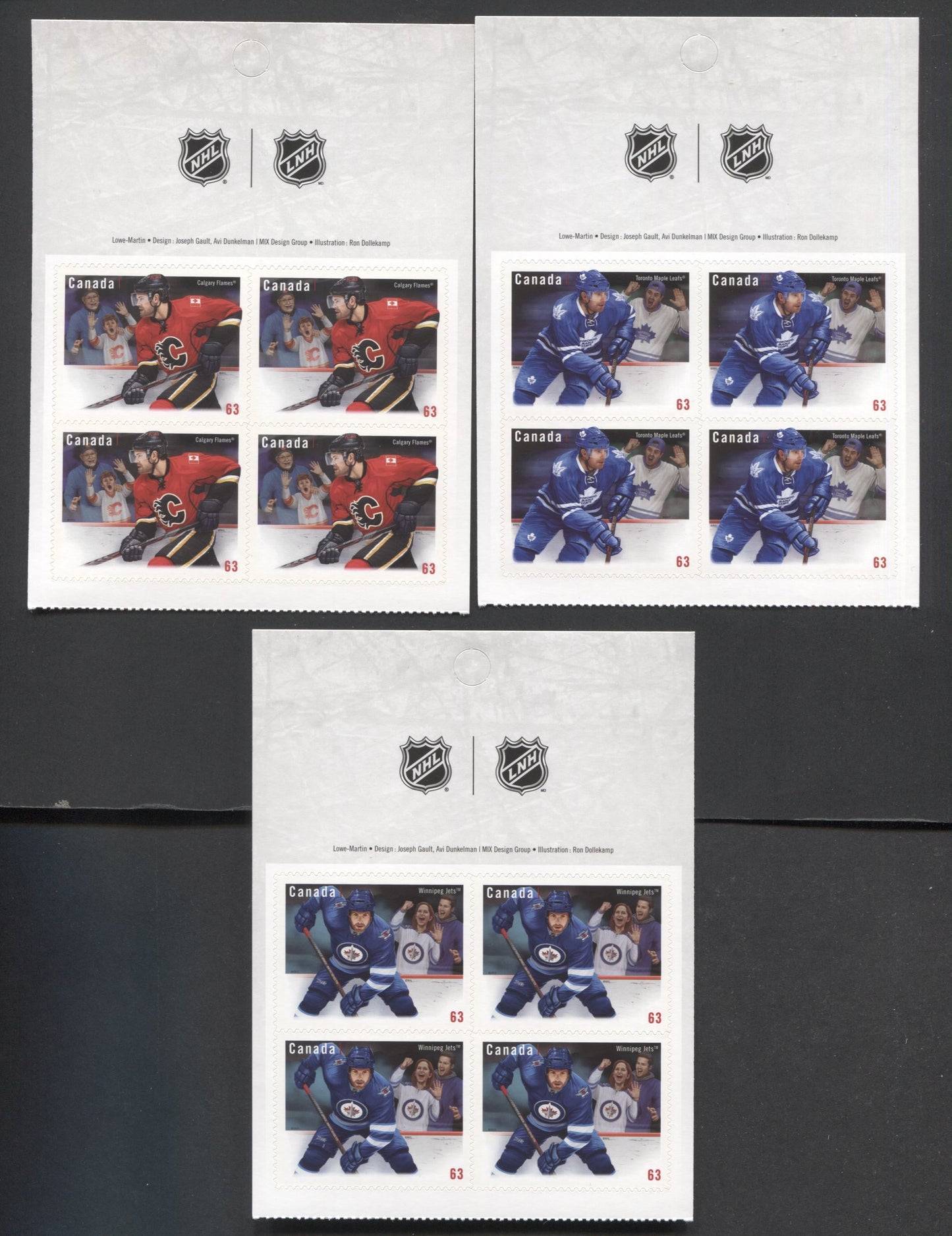 Canada #2674-2676 63c Multicolored Calgary Flames-Toronto Maple Leafs, 2013 Canadian NHL Jersey's Issue, 3 VFNH Booklet Panes Of 4