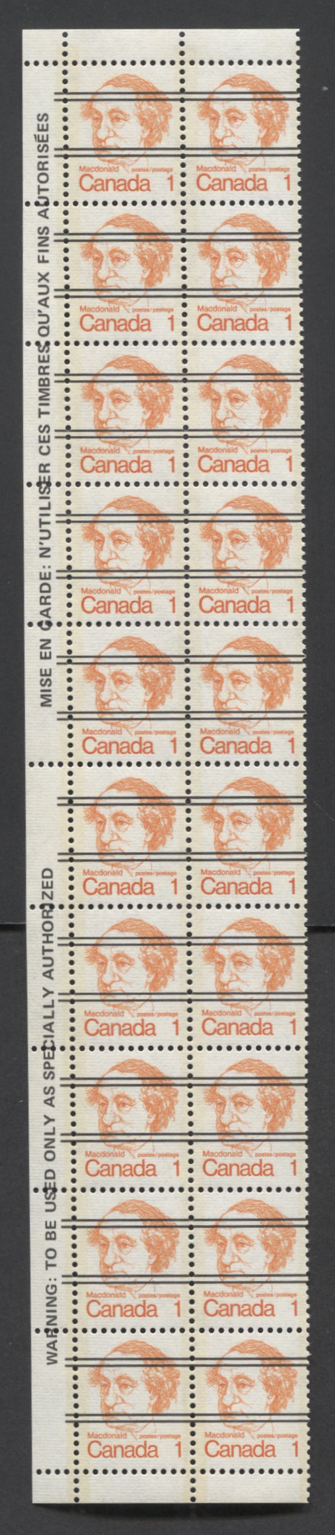 Canada #586xxii var 1c Orange Sir John A Macdonald, 1973 - 1976 Caricature Definitives Issue, A VFNH Full Precancelled Warning Strip Of 20 From The Left Side Of The Sheet On DF/DF Horizontal Ribbed Paper, With Moderate Yellowish Cream Tagging
