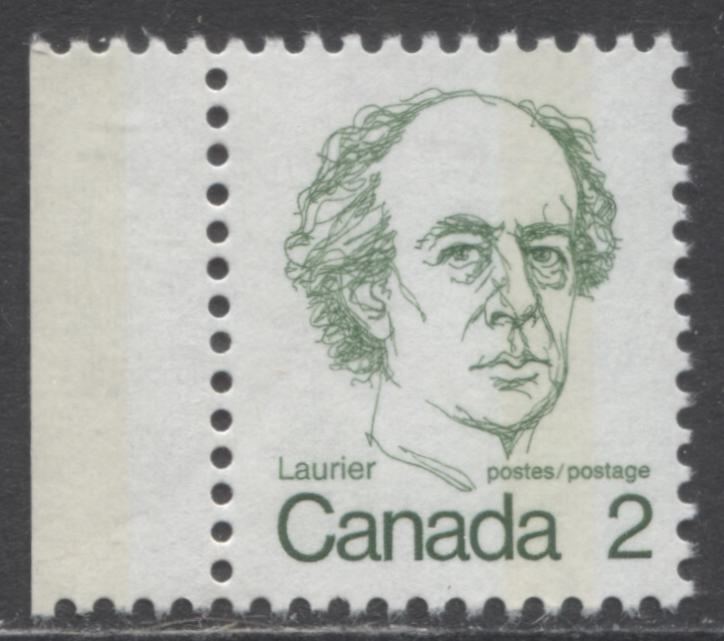Canada #587ii 2c Green Sir Wilfrid Laurier, 1972-1974 Caricature Issue, A VFNH Single With Left Selvedge Showing Tagging Is Shifted Leftward, Same As Lot #169 In All Other Respects