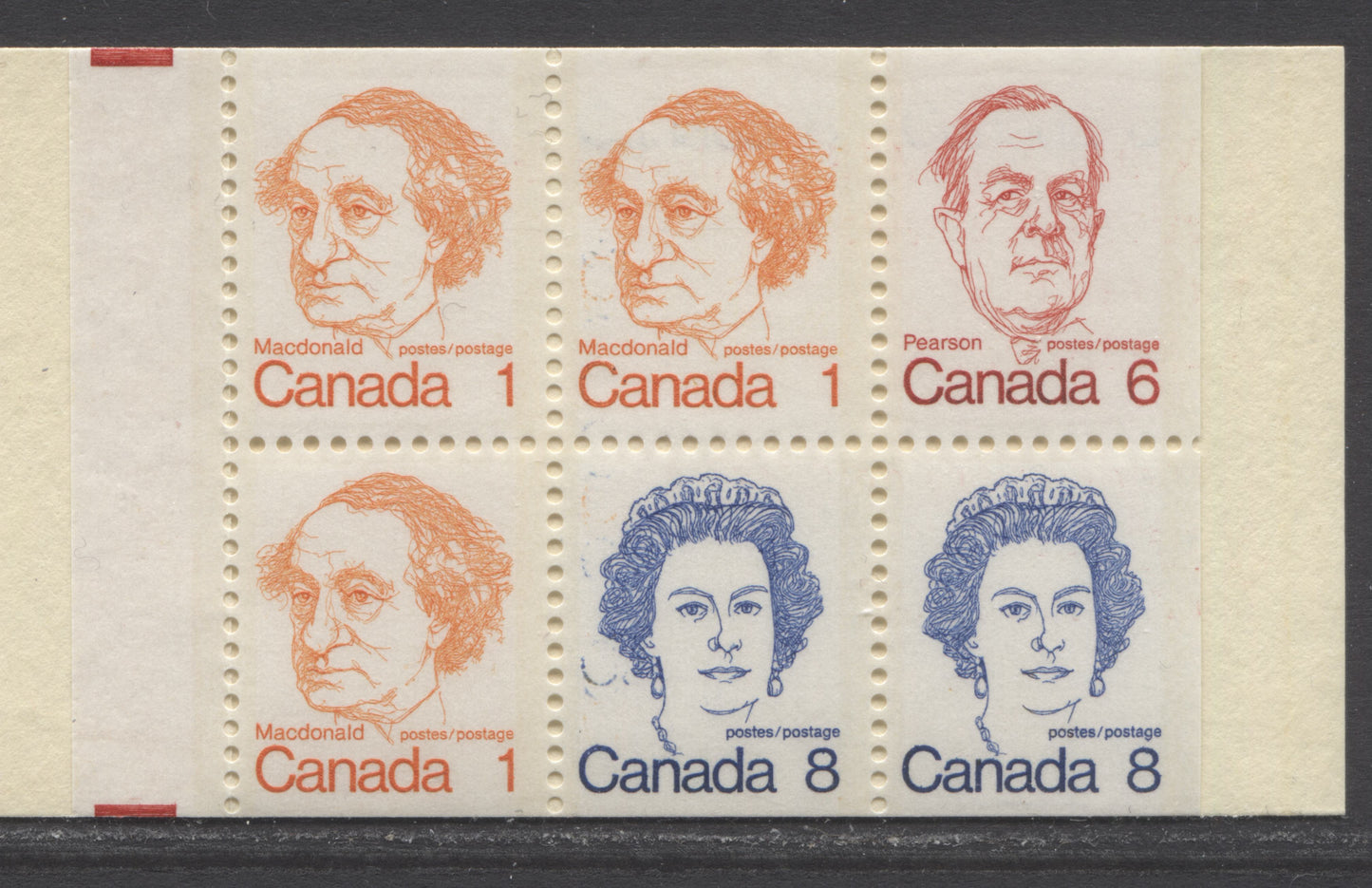 Lot 48 Canada #BK74jvar, 1972-1978 Caricature Issue, A Complete 25c Booklet, HF Argus Cover, NF/NF Smooth, Stuttering C Variety, Additional Hairline Tag Bar On 1/1 & 2/1, Re-entry In Postage 1/3