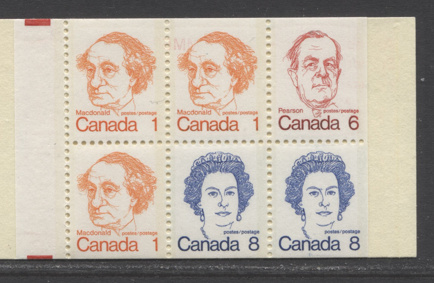 Lot 49 Canada #BK74hi, 1972-1978 Caricature Issue, A Complete 25c Booklet, Dead Argus Cover, NF/NF Smooth Panes, Deeper Shades, Re-entry in Postage On 6c