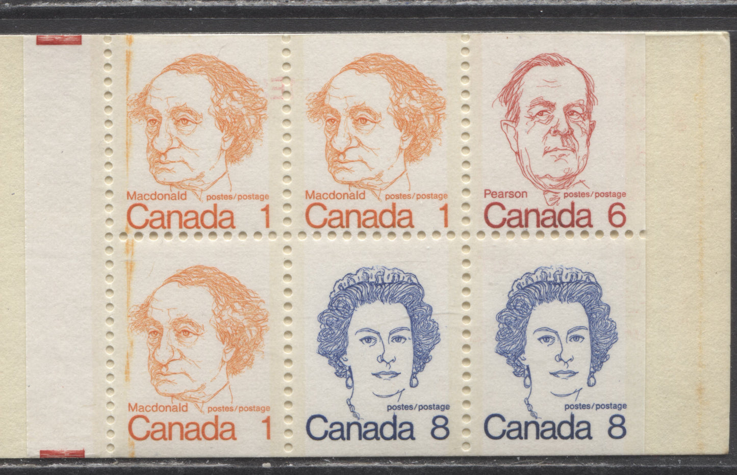 Lot 50 Canada #BK74avar, 1972-1978 Caricature Issue, A Complete 25c Booklet, Dead Cover, DF/DF Vertical Ribbed Pane,Large Orange Ink Smudge Down 1/1 & 2/1, Unlisted In McCann & Unitrade