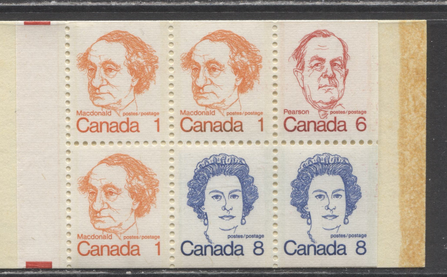 Lot 74 Canada #BK74g, 1972-1978 Caricature Issue, A Complete 25c Booklet, Dead Gibson Twin-plane Cover, DF/DF Horizontal Ribbed Pane, Self Sealer