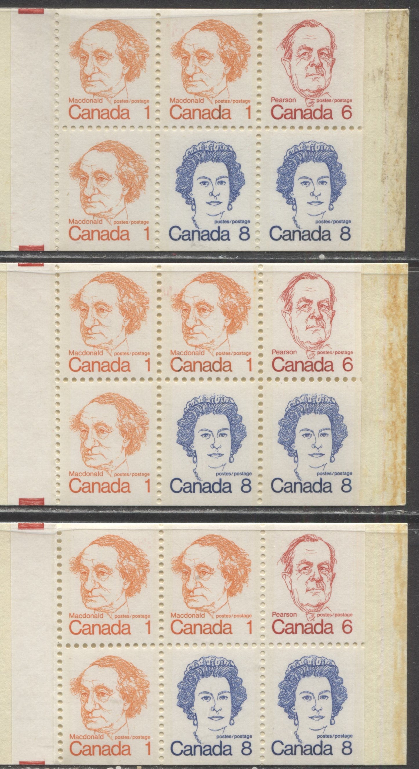 Canada McCann #BK74ad,I,dvar 1972-1978 Caricature Issue, 3 Complete 25c Booklets, HB Covers, DF/DF, LF/LF & MF/MF Panes