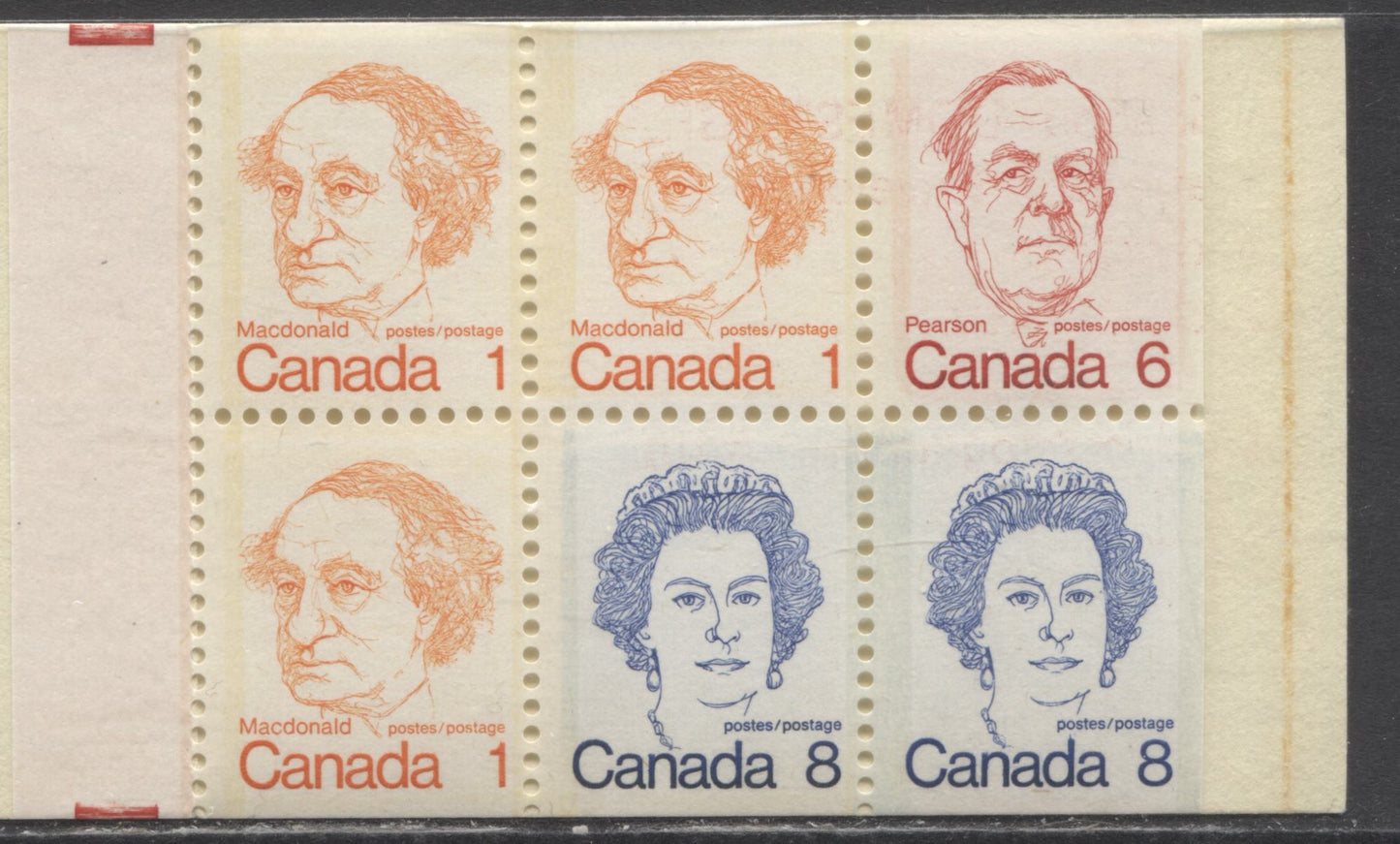 Lot 51 Canada McCann #BK74z 1972-1978 Caricature Issue, A Complete 25c Booklet, DF Cover, LF/LF Vertical Ribbed Paper, Pane Shade Variety