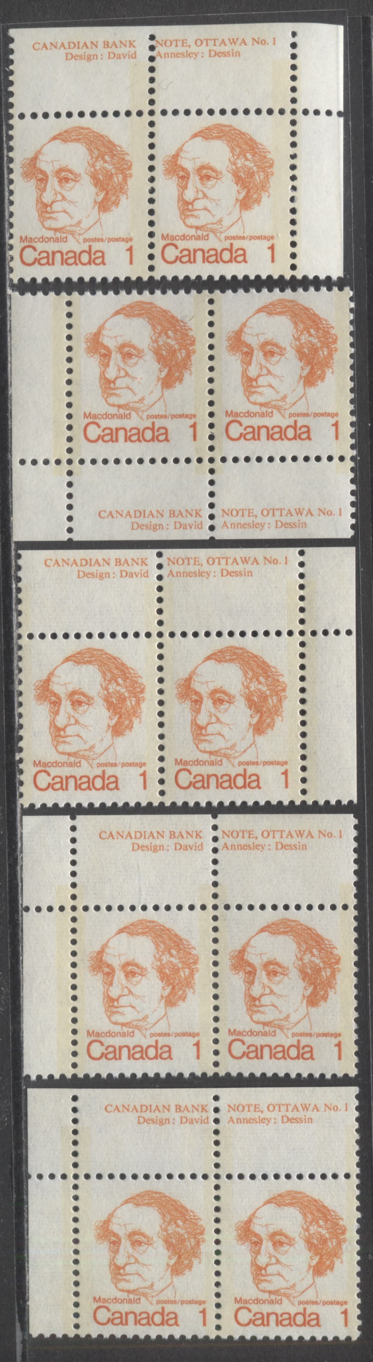 Canada #586, 586i, 586iii 1c Orange Sir John A Macdonald, 1973 - 1976 Caricature Issue, 5 VFNH Plate Pairs On LF,DF & DF Horizontally Ribbed Papers