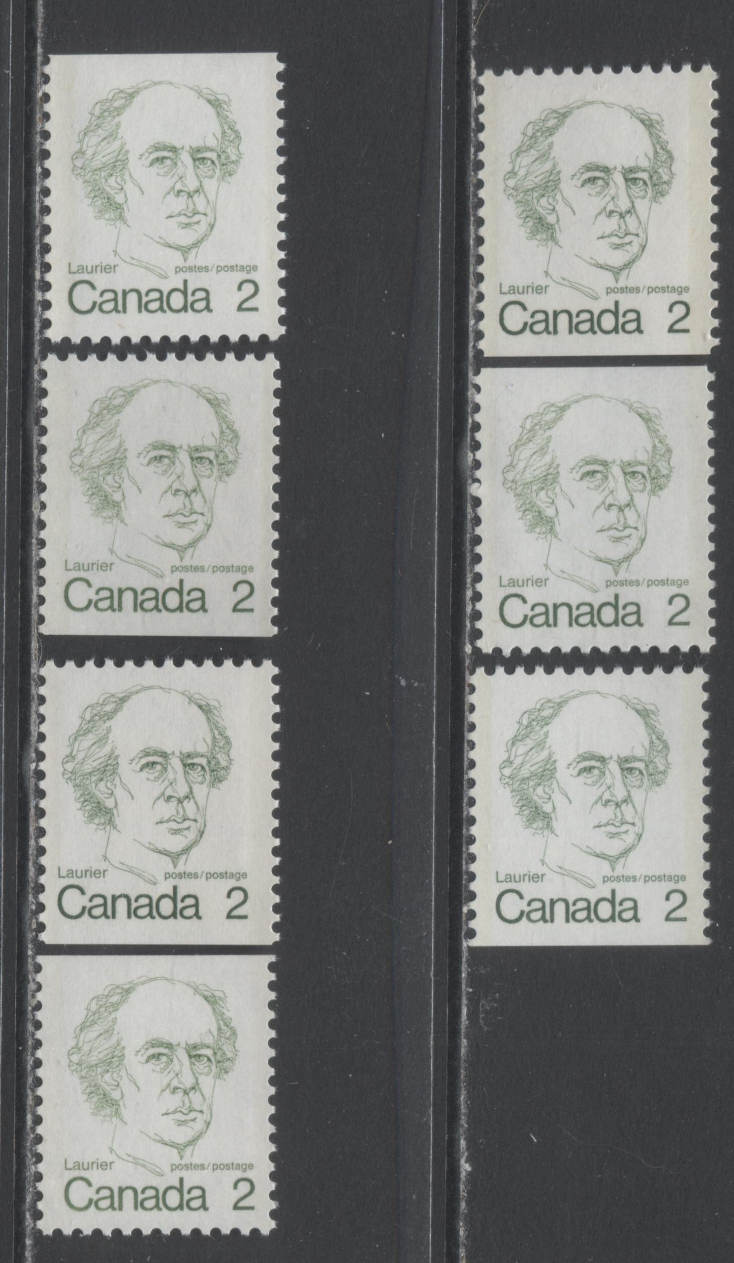Canada #587viii, xii, xiii 2c Green Sir Wilfred Laurier, 1973 - 1976 Caricature Issue, 7 VFNH Booklet Singles With Various DF,LF, MF & HF Papers Including Unlisted