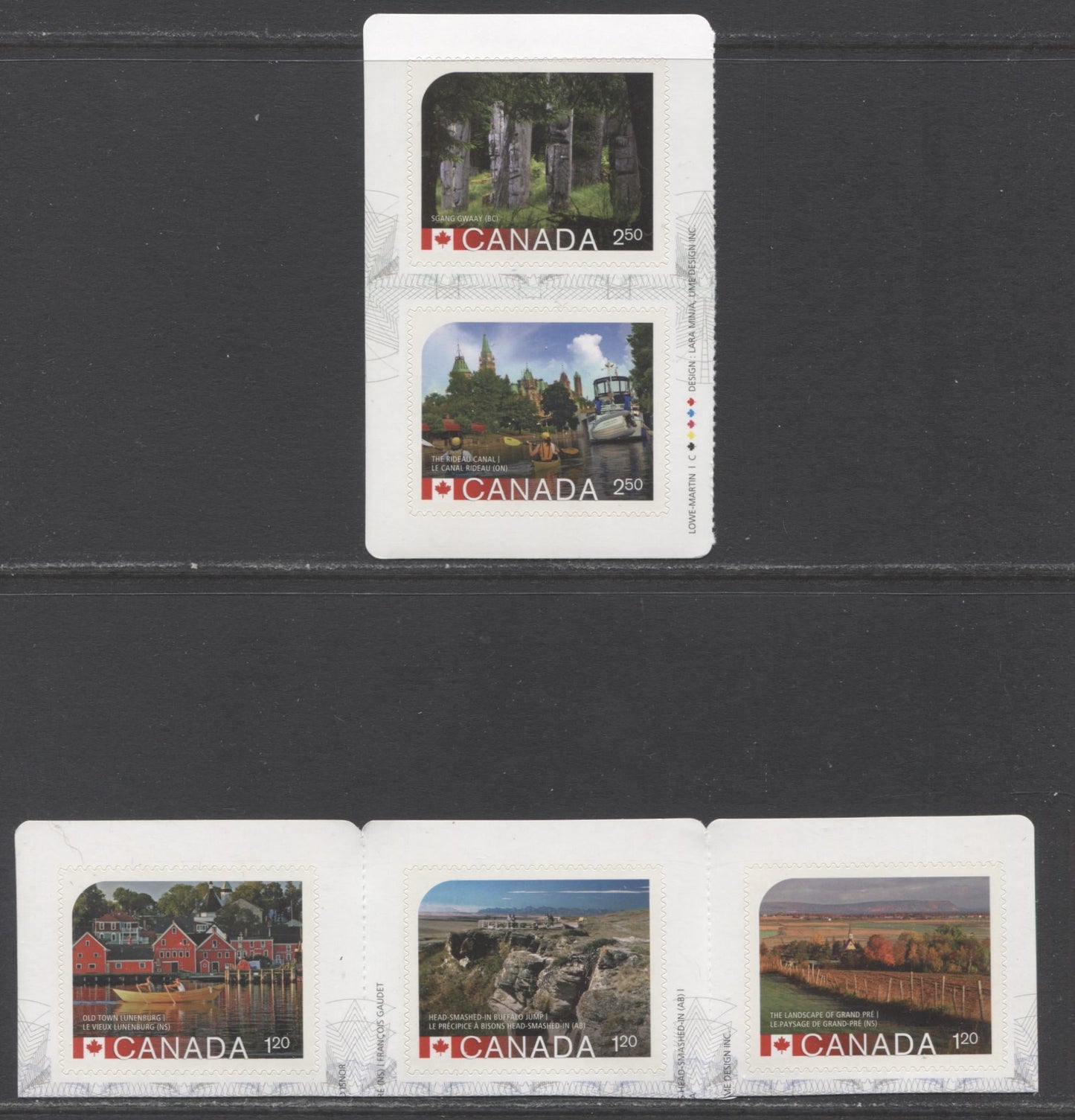 Lot 46 Canada #2740-2744 $1.20-$2.50 Multicolored Old Town Lunenburg-The Rideau Canal, 2014 UNESCO Issue, 2 VFNH Booklet Strip Of 3 & Pane Of 2