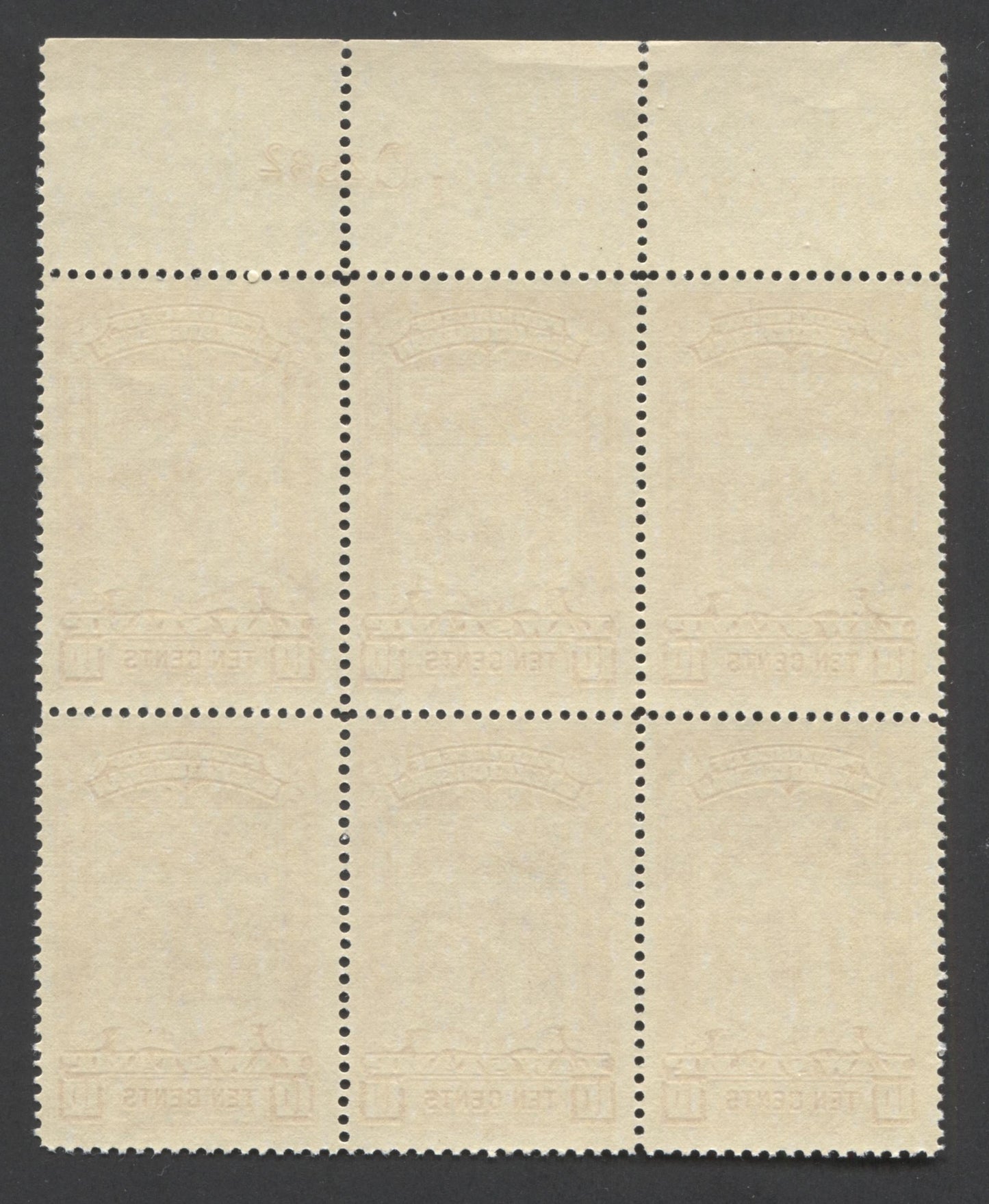 Lot 140 Canada #SL46 10c Dark Red Orange Saskatchewan Arms, 1938 - 1968 Law Stamp Issue, A FNH Plate Block Of 6