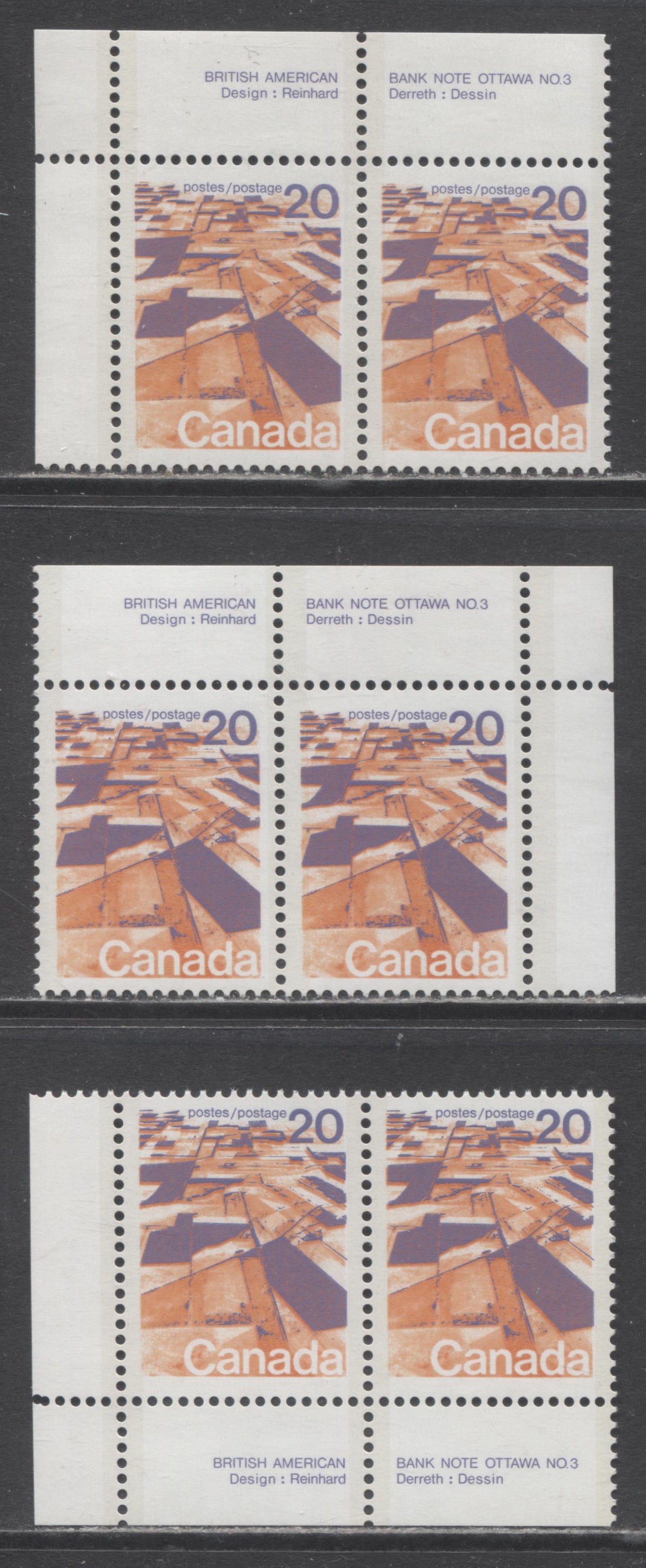 Canada #596aii, 596aiii 20c Multicoloured Prairies, 1972 - 1977 Landscape Definitives Issue, 3 VFNH Corner Pairs On DF/F, DF/F, DF-fl/F & DF-fl/MF Papers, Perf 13.3
