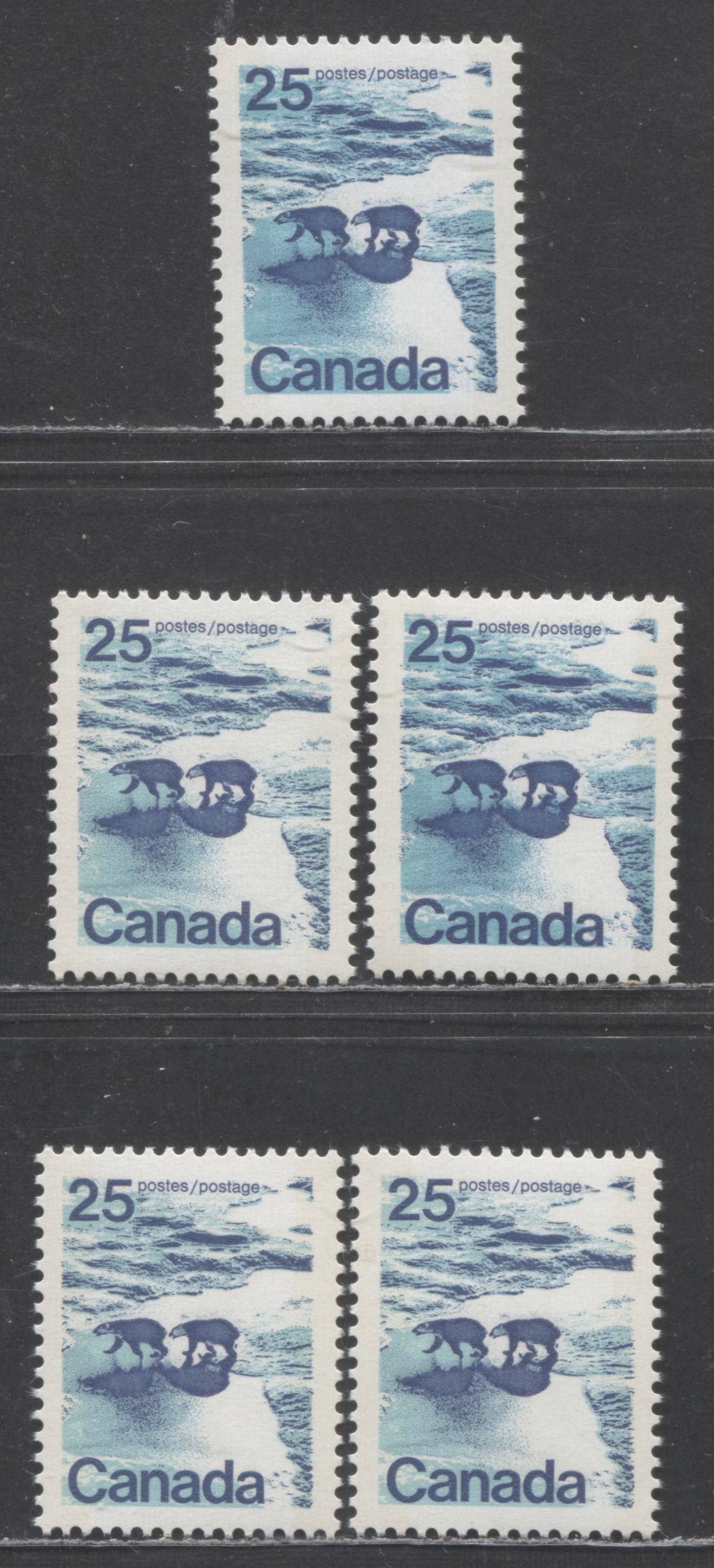 Canada #597iii 25c Multicoloured Polar Bears, 1972 - 1977 Landscape Definitives Issue, 5 VFNH Singles W2B Vertical Ribbed On NF/NF, NF/DF & NF/NF-fl Papers, Greenish Blue & Baby Blue Water. Type 1 Perf 12.5x12