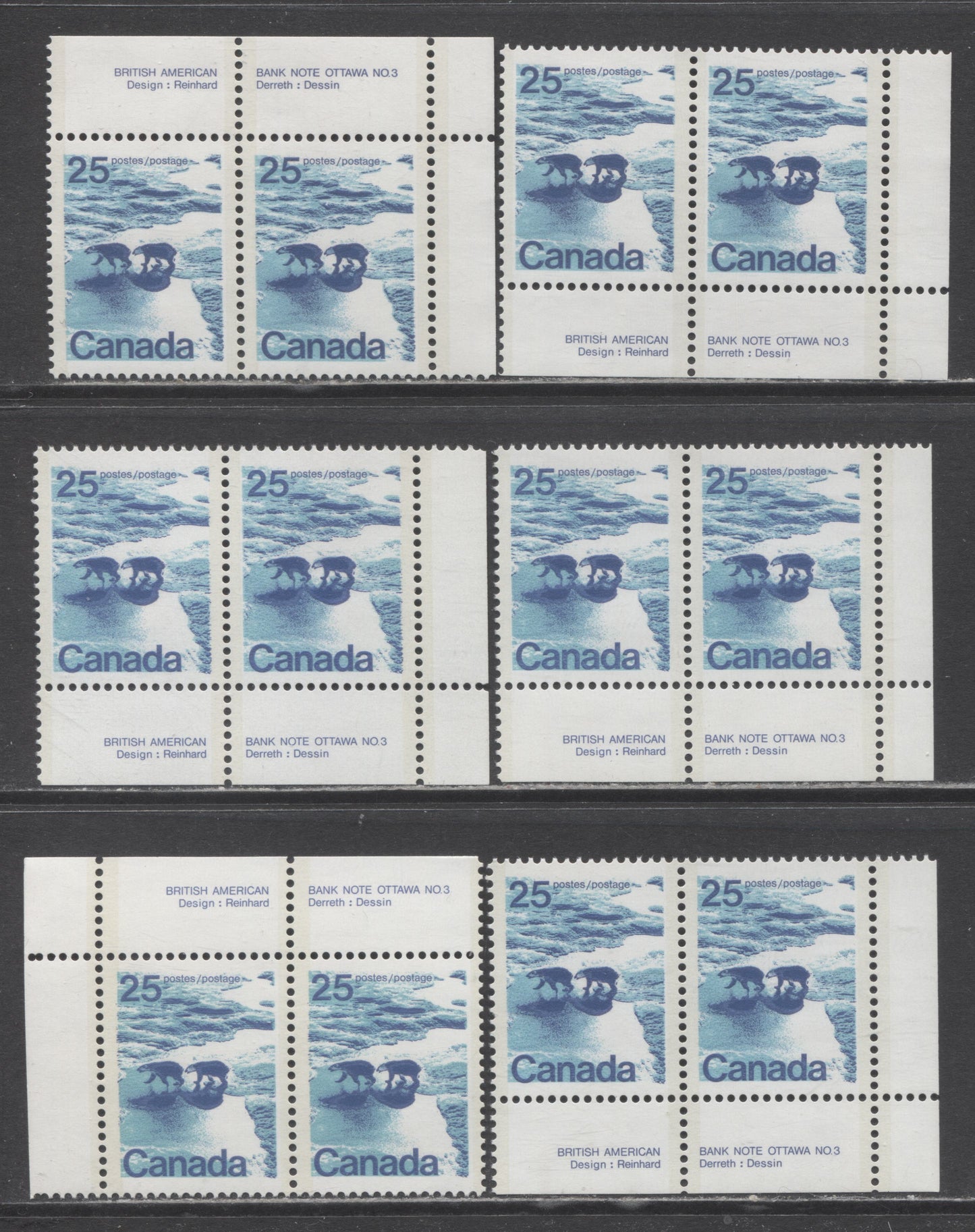 Canada #597a-597aii 25c Multicoloured Polar Bears, 1972 - 1977 Landscape Definitives Issue, 6 VFNH Plate Pairs Type 2 Perf 13.3 On Different DF/LF, NF/NF & DF/MF Papers. Baby Blue Water