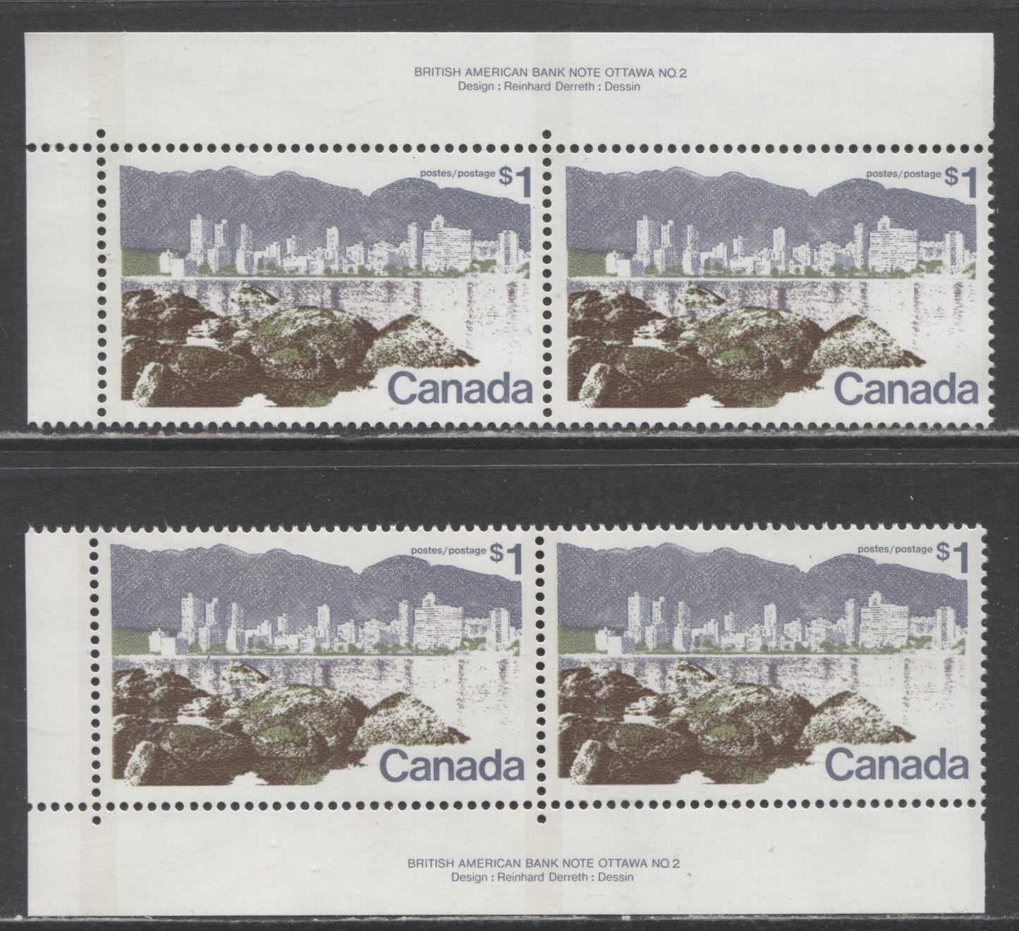 Lot 43 Canada #599aiv $1 Multicolored Vancouver, 1972 Landscape Definitives, 2 VFNH Plate Pairs On Two Different MF Papers, Perf 13.3