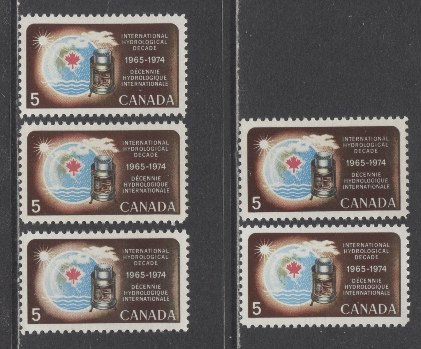 Lot 14 Canada #481-i 5c Multicolored Rain Gauge, 1968 UN International Hydrological Decade, 5 VFNH Singles On HB/DF, HF/DF & NF/DF Papers With Some Shade Varieties