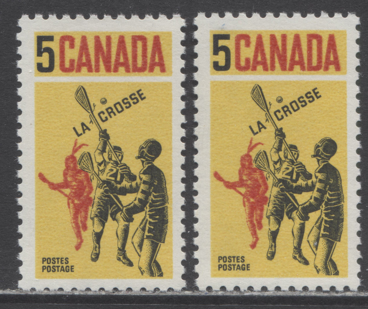 Canada #483ivar 5c Yellow, Black & Red Lacrosse Players, 1968 Lacrosse, 2 VFNH Singles With Moderate & Weak Kiss Print (Doubling Of Red), Unchecked As To Paper