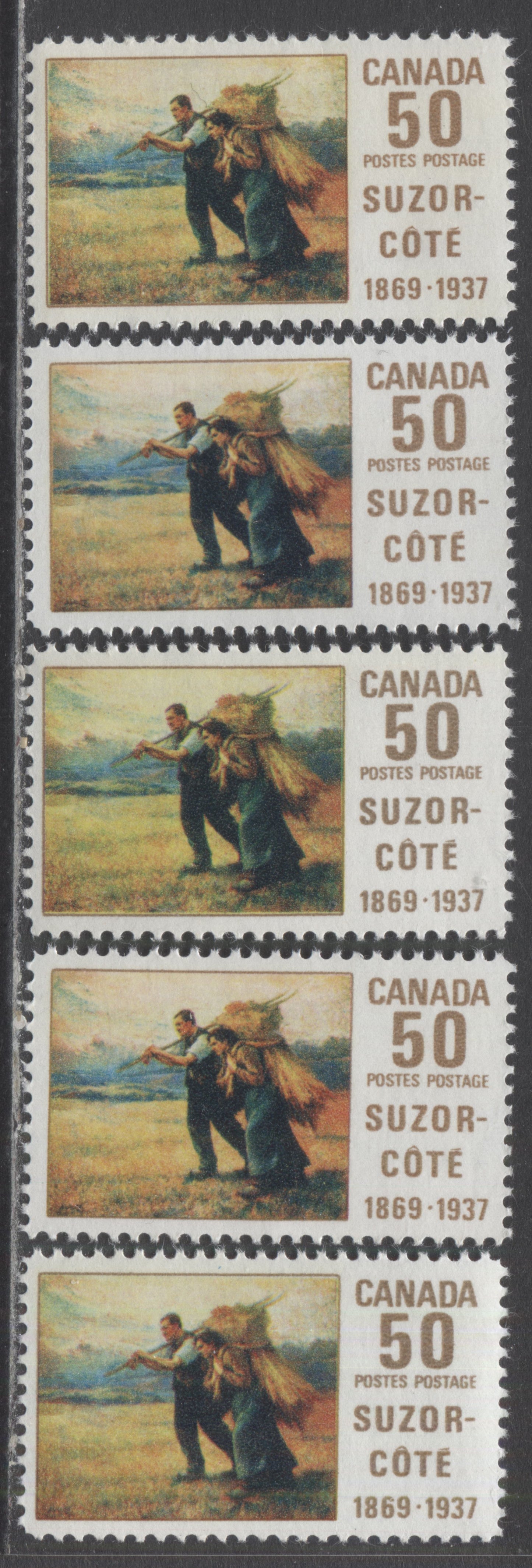 Lot 16 Canada #492 50c Multicoloured Return From The Harvest, 1969 Suzor - Cote Issue, 5 VFNH Singles On HB&HB(8), And HF(9) Papers With Yellowish And Pinkish Coloured Skies