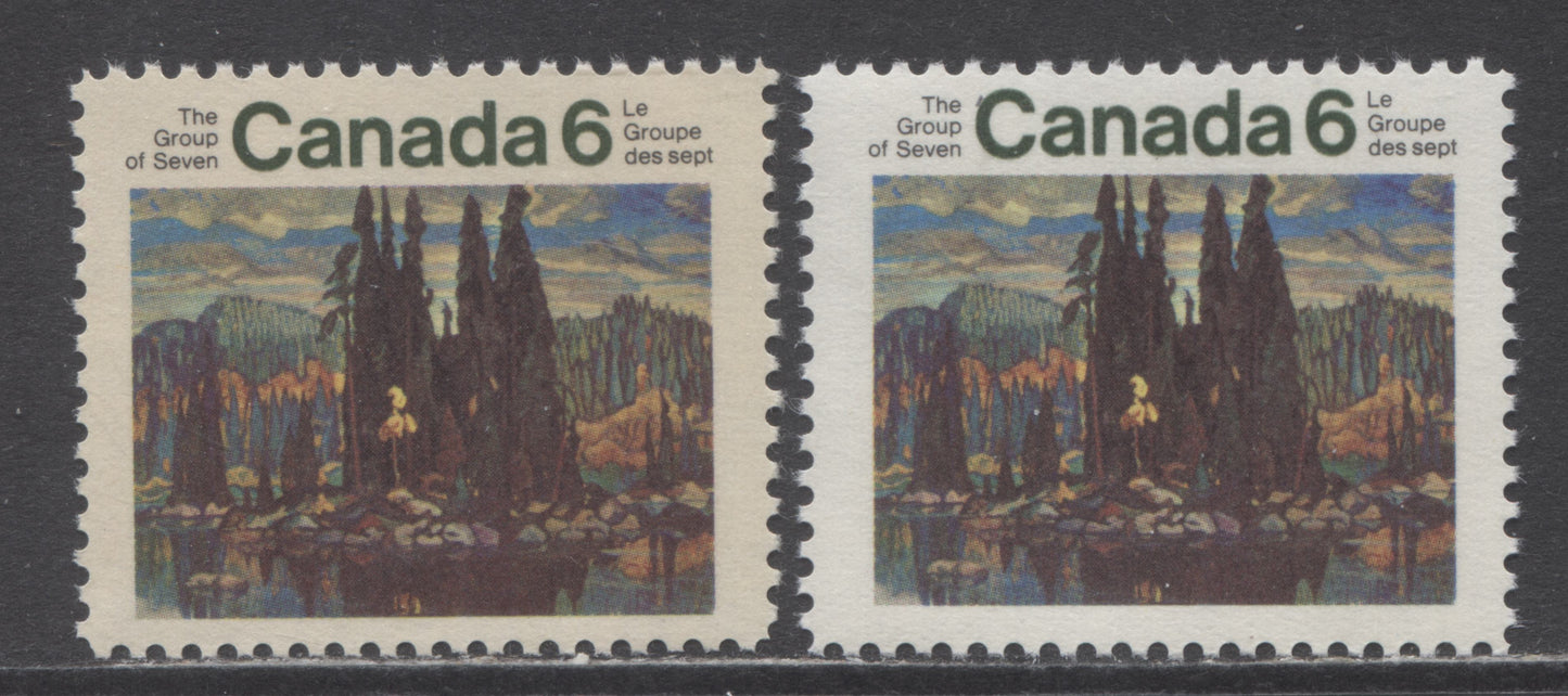 Canada #518var 6c Multicolored Isles Of Spruce, 1970 Group Of Seven Issue, 2 VFNH Singles On Toned HF9 Vertically Ribbed Paper