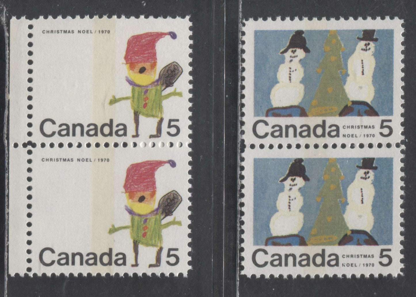 Canada #519p, 523p 5c Multicolored Santa Claus & Snowman & Christmas Tree, 1970 Christmas Issue, 2 VFNH Vertical Pairs On HB11 Vertical Ribbed Papers