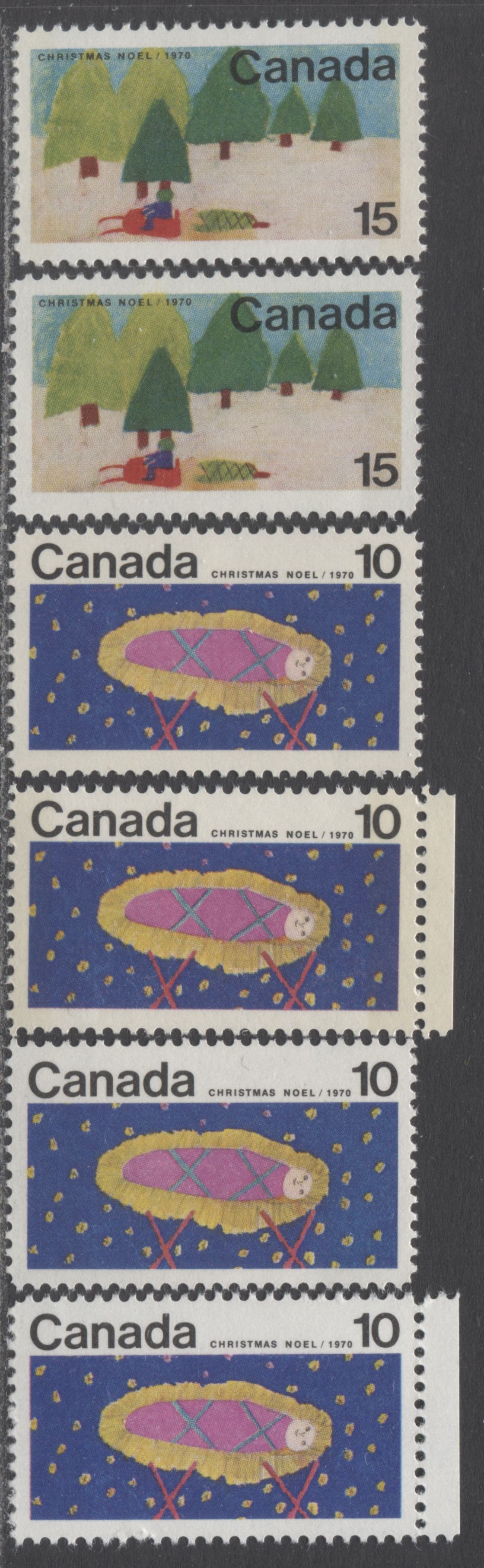 Lot 119 Canada #529-530p 10c-15c Multicolored Christ Child/Snowmobile And Trees, 1970 Christmas Issue, 6 VFNH W2B Tagged & Untagged Singles On Various HB10-12 Vertical Ribbed Papers