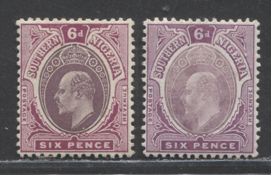 Lot 96 Southern Nigeria SC#38 6d Reddish Purple/Slate & Purple/Pale Dull Purple 1907-1910 Universal Color Edward VII Keyplate Issue, Two Different Printings, Different From Lot #97, Multiple Crown CA Wmk, 2 VFOG Singles, 2022 Scott Classic Cat. $58 USD