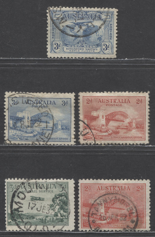 Lot 97 Australia SG#112/C1 1929-1932 Kingsford Smith & Sydney Harbour Bridge Issues, 2d Carmine, 3d Blue & 3d Green, 5 Fine Used Singles, Click on Listing to See ALL Pictures, Estimated Value $10 USD