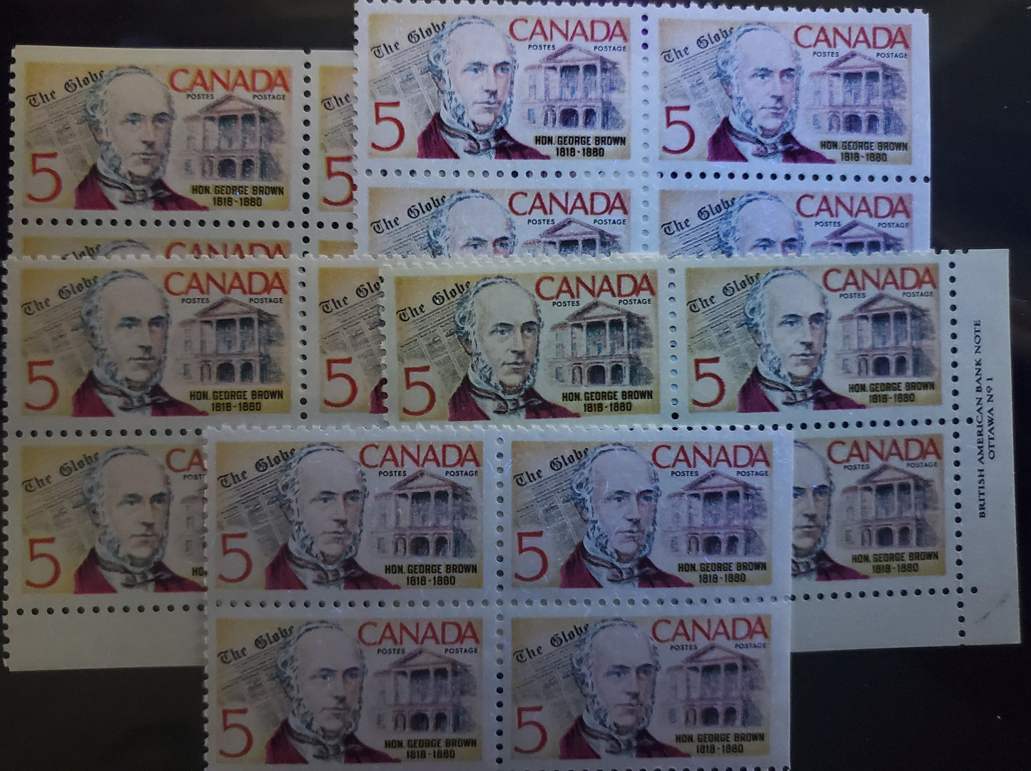 Canada #484 5c Multicolored George Brown, 1968 George Brown Issue, 9 VFNH Singles With DF-fl, NF-fl & DF Papers With Different Backgrounds